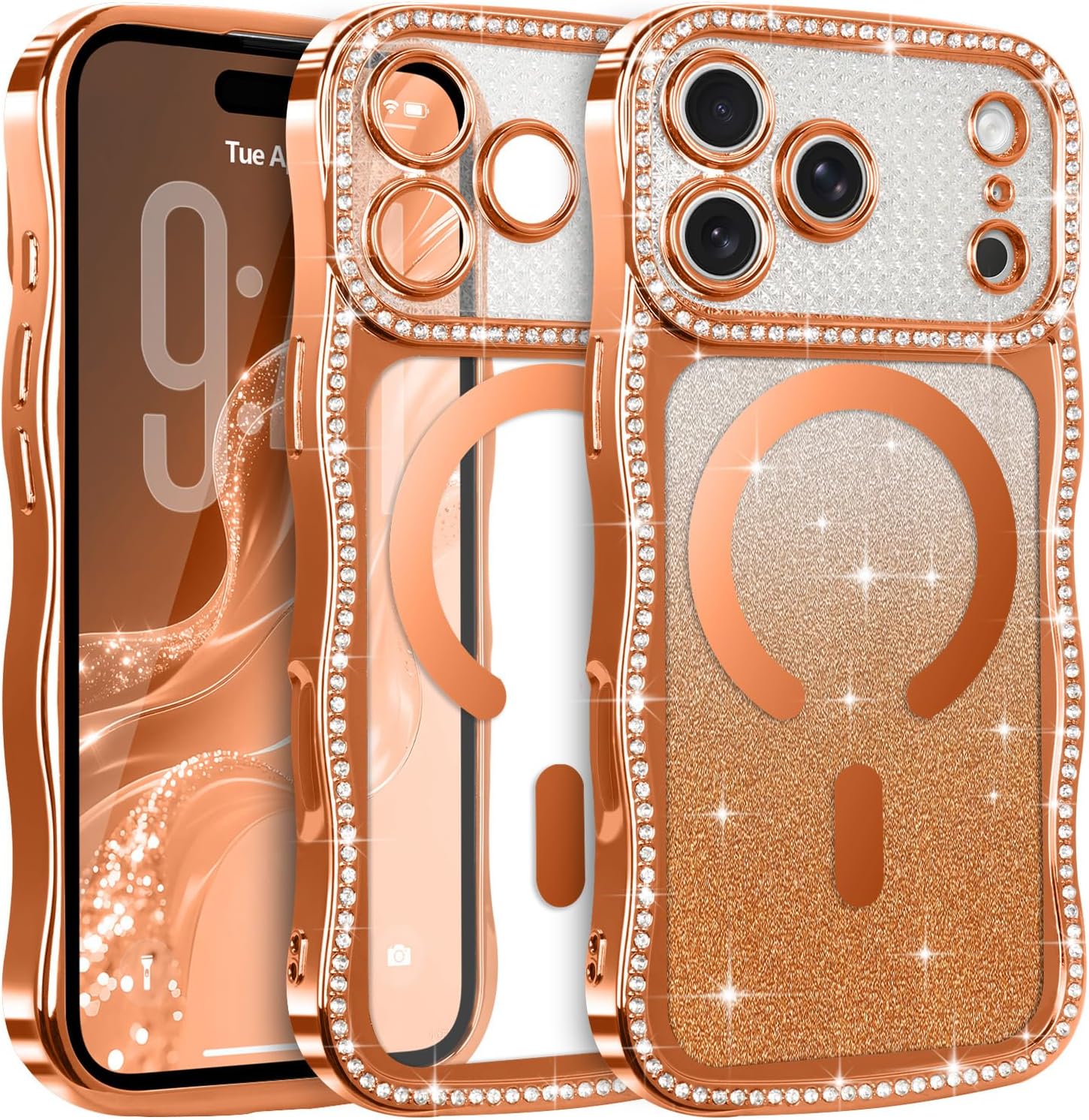 Lafunda Magnetic for iPhone 17 Pro Case, Glitter Clear Curly Wavy Edge Compatible with MagSafe Bling Sparkly Bumper Cover for Women Girls Shockproof Protective Phone Case for iPhone 17 Pro, Orange - Image 8