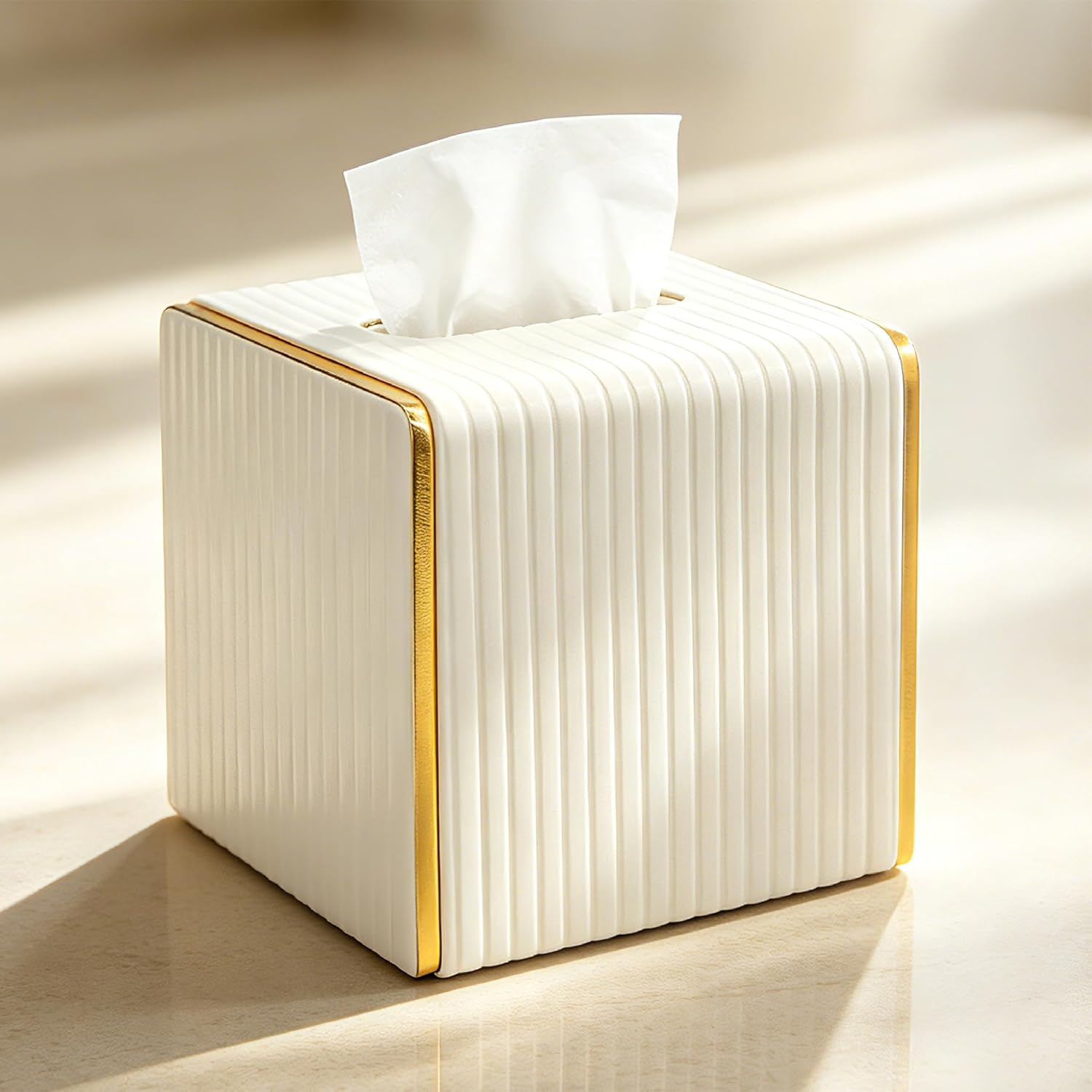 Tissue Box Cover Square PU Leather with Gold Metal Trim Fluted Design Refillable Decorative Tissue Holder for Bathroom Vanity and Living Room (White)
