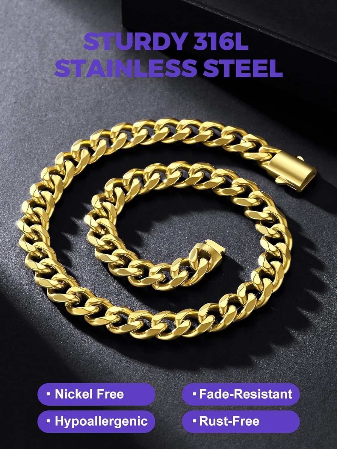 Richsteel Cuban Link Chain for Men, Mens Stainless Steel Miami Curb Chains Necklace 6/9/12mm Width Gold/Silver/Black Plated Non-Tarnish Trendy Jewelry 18-30 Inch
