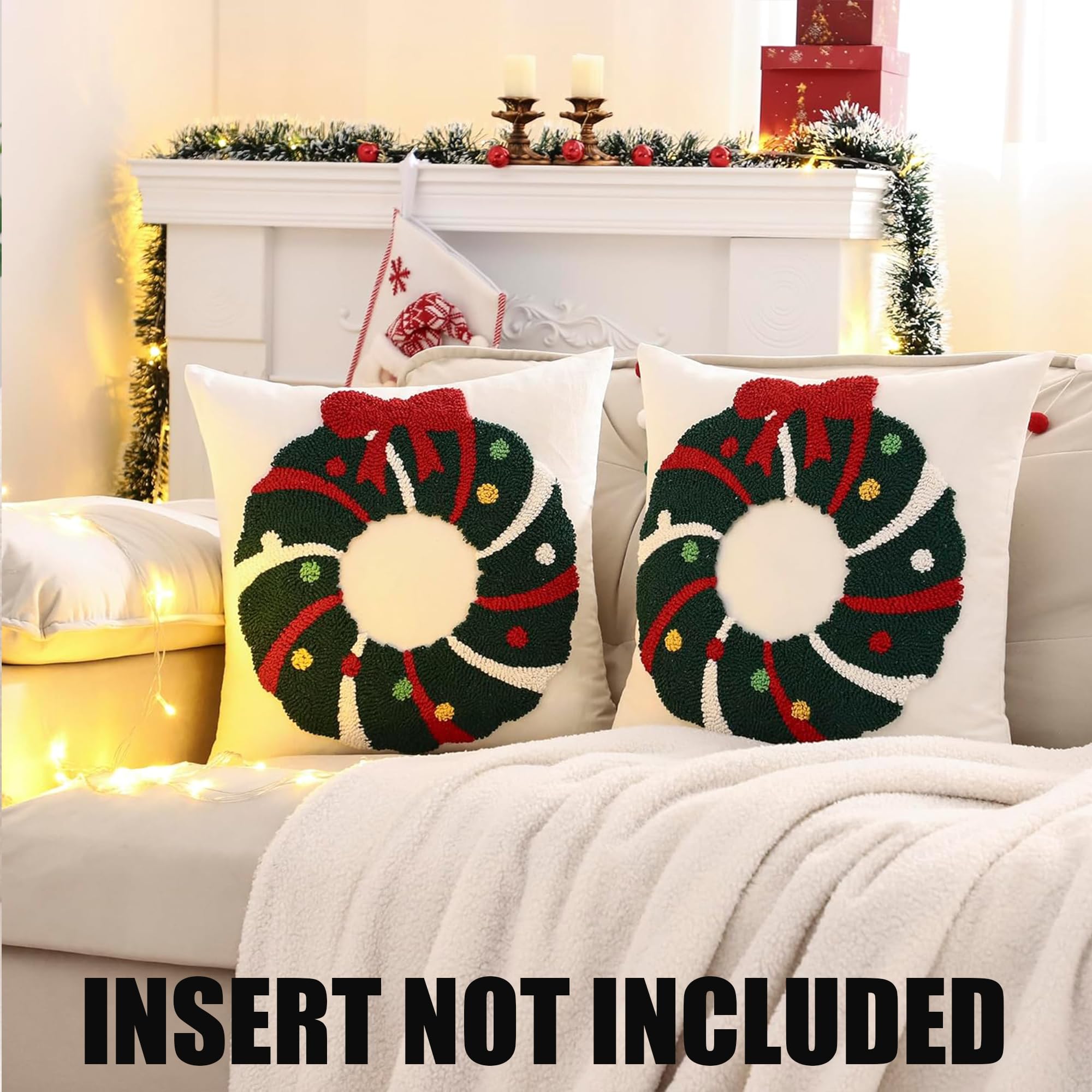 Tosleo Set di 2 federe natalizie con ghirlanda natalizia con fiocco, 45,7 x 45,7 cm, decorazioni natalizie a ciambella, in cotone, per divano, letto