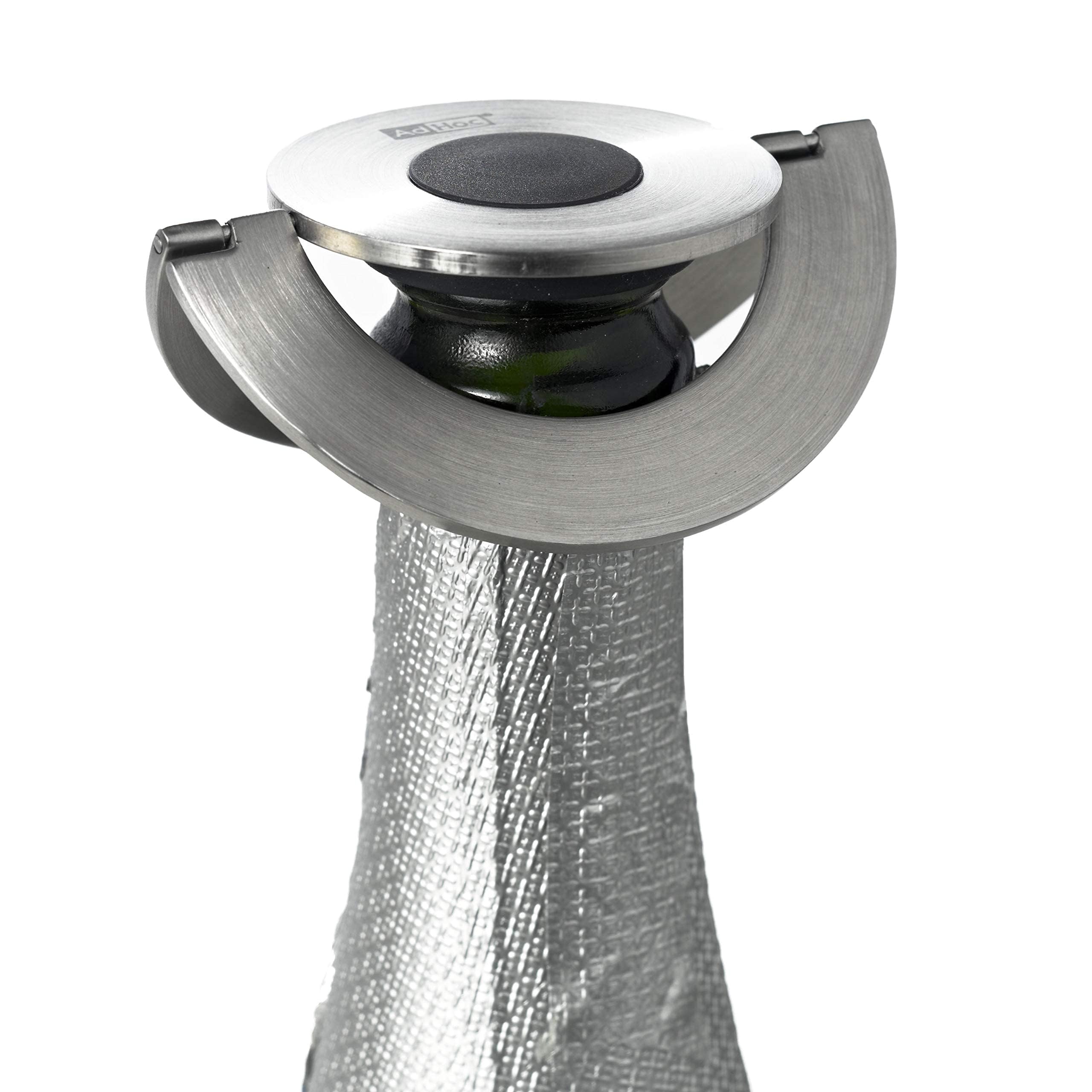 Adhoc Silver/Black Camp Champagne Stopper, Sparkling Wine/Champagne Bottle Stopper, Ultra Flat, Leak Proof, Keeps Fizz, Stainless Steel/Silicone 17 Mm X 80 Mm, Includes Gift Box