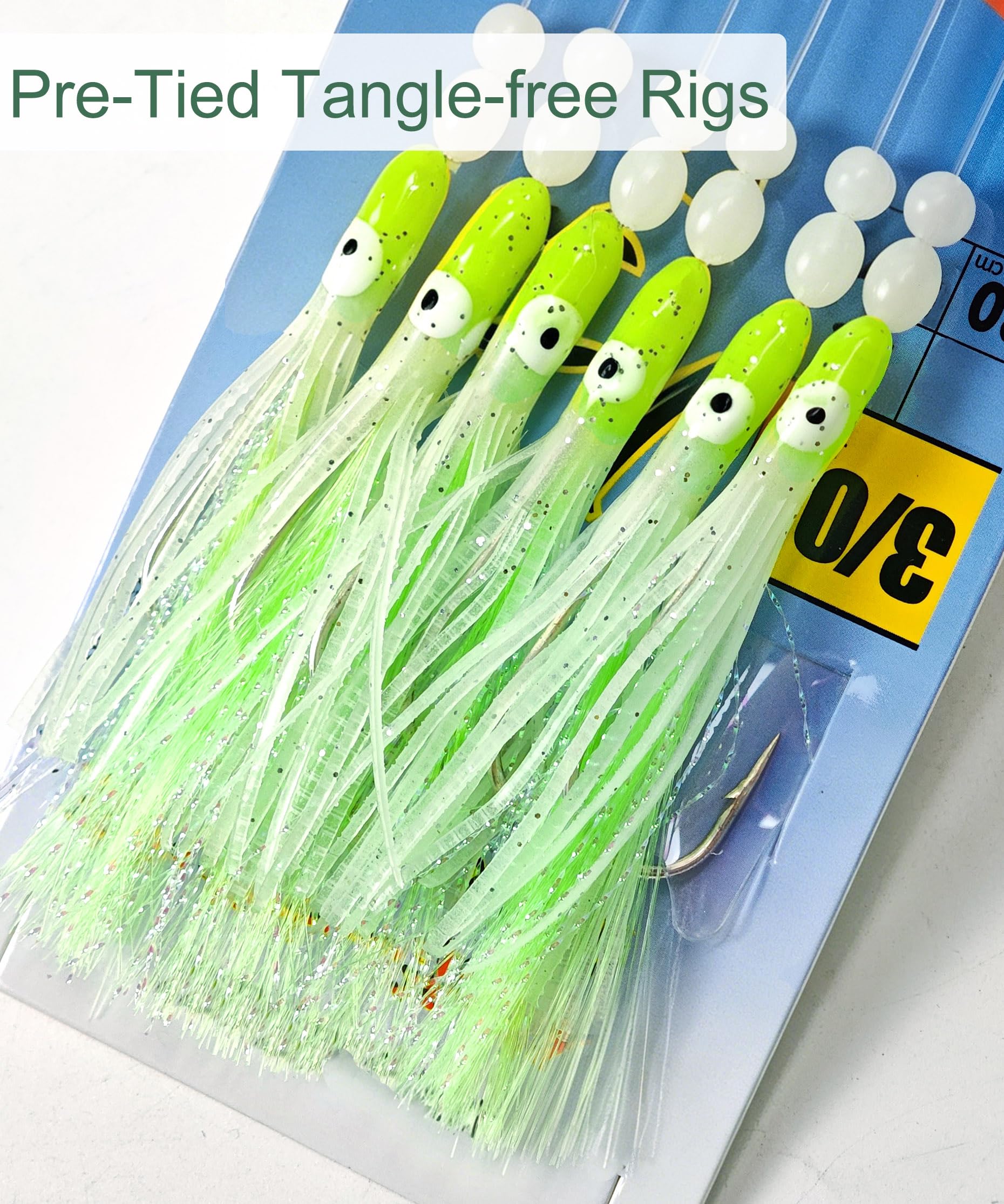 Leuchtende Tintenfisch-Angelköder – 12-teiliges vorgebundenes Angelköder-Set für Salzwasser, Surfen, Angelausrüstung – leuchtende weiche Tintenfischköder mit Haken aus Karbonstahl für Snapper