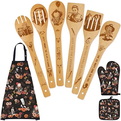 Horror Merch,9Pcs Bamboo Cooking Utensils Set,Spoons with Apron Oven Mitts