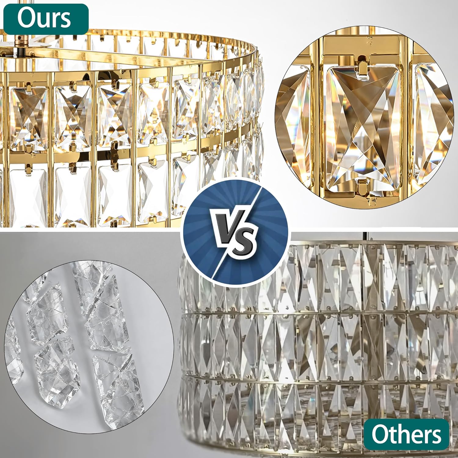 Crystal Chandelier for Dining Room, 17.7'' LED Luxury Modern glass Mount Chandelier Fixtures, Round Kitchen Hanging Drum Pendant Lights Ceiling for Living Room Bedroom Foyer, with 6pcs*5W Bulbs (Gold)