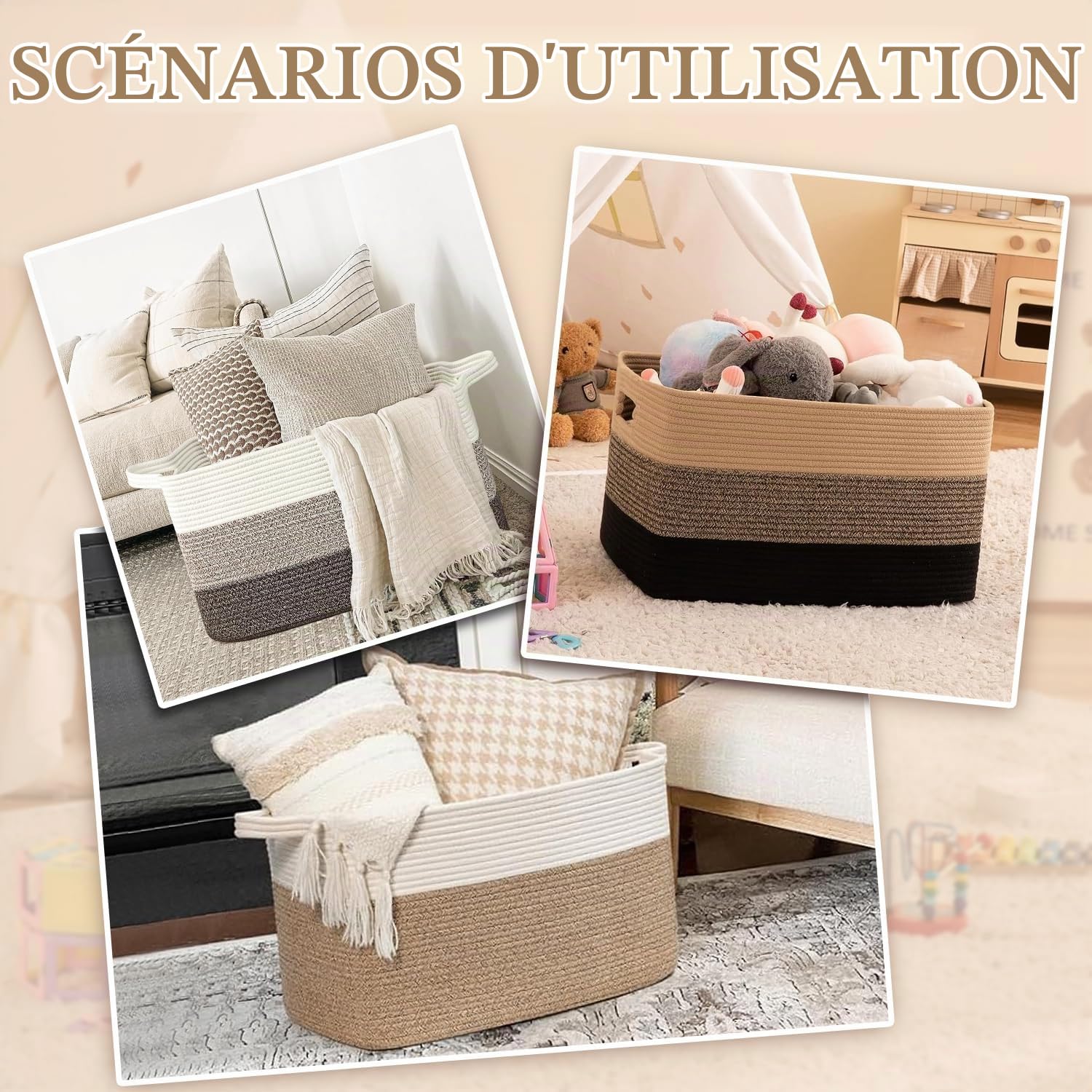 Paniers de rangement pliables extra larges de 65 l avec poignées – Boîte de rangement en tissu robuste, couvertures, vêtements saisonniers, 54,9 x 37,8 x 30 cm (lin blanc)