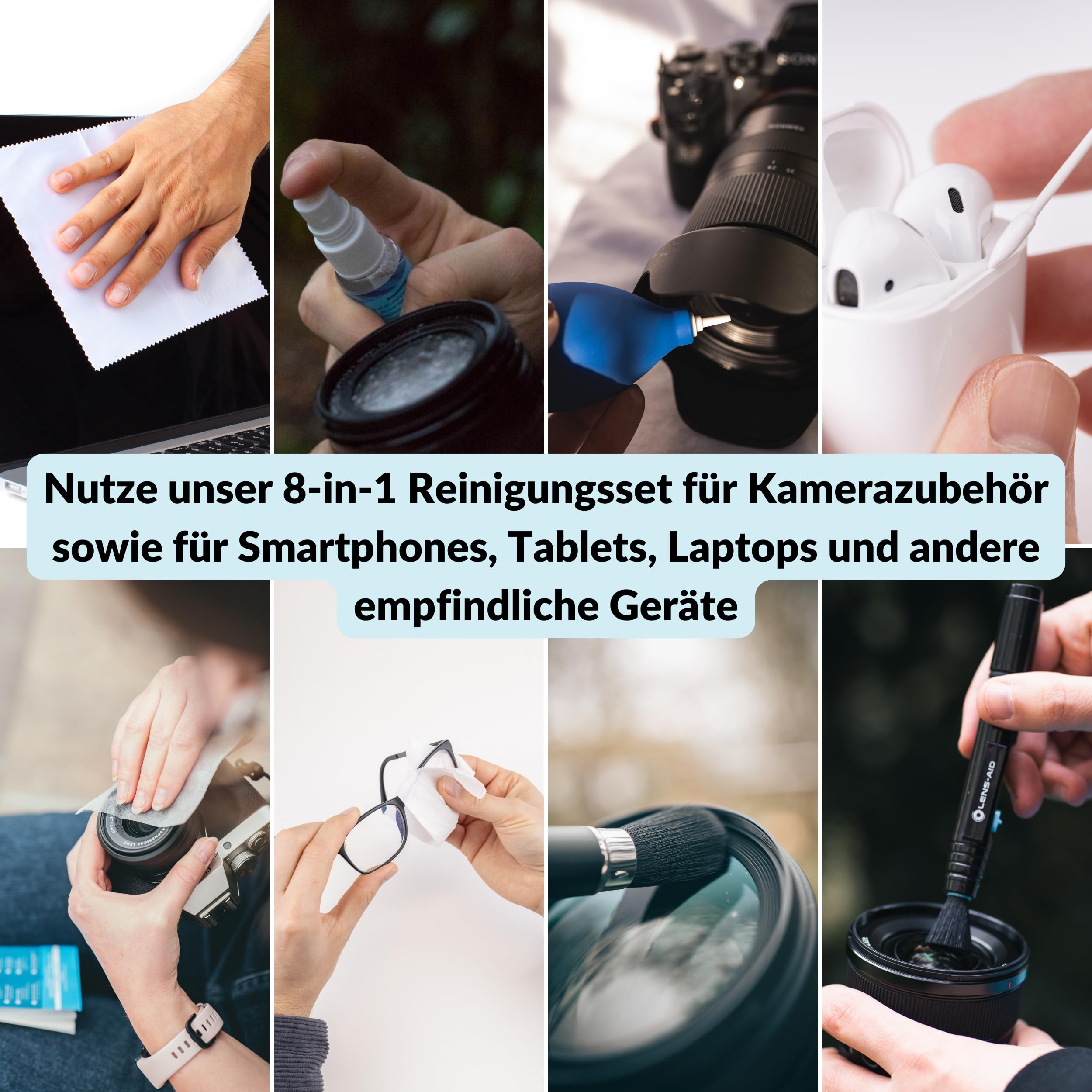 LENS-AID 8-in-1 Kamera Reinigungsset für Vollformat, APS-C & Objektiv - Mit Flüssig-Reiniger, Mikrofasertuch, Reinigungsstäbchen, feuchten Reinigungstüchern, Reinigungsstift, Blasebalg & mehr