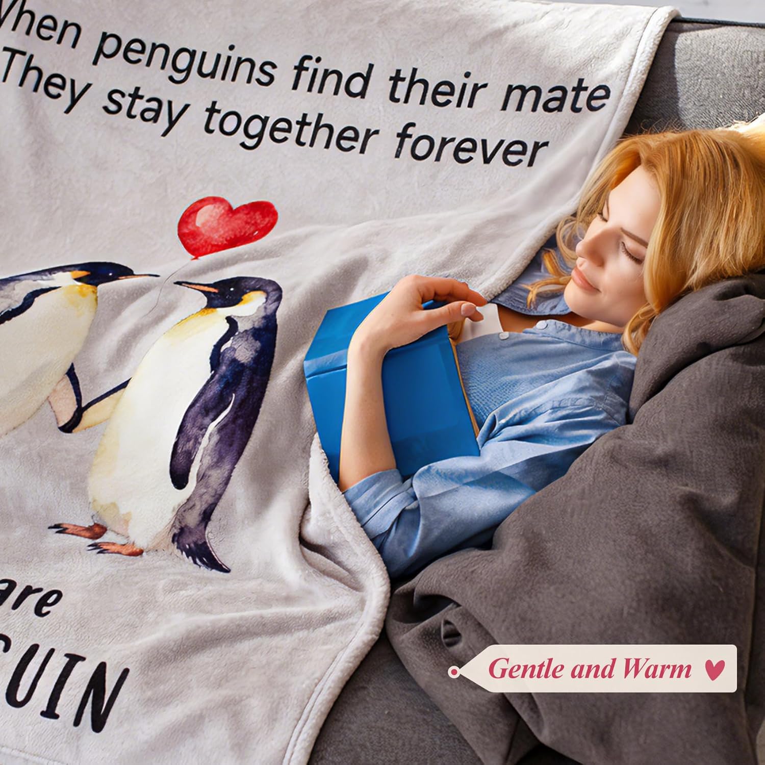 Valentines Day Gifts for Her Him Romantic Anniversary Flannel Blanket for Boyfriend Girlfriend Men Women, Soft Husband Wife Engagement Throw for Wedding Christmas Birthday 60"x50", Penguin - Image 3