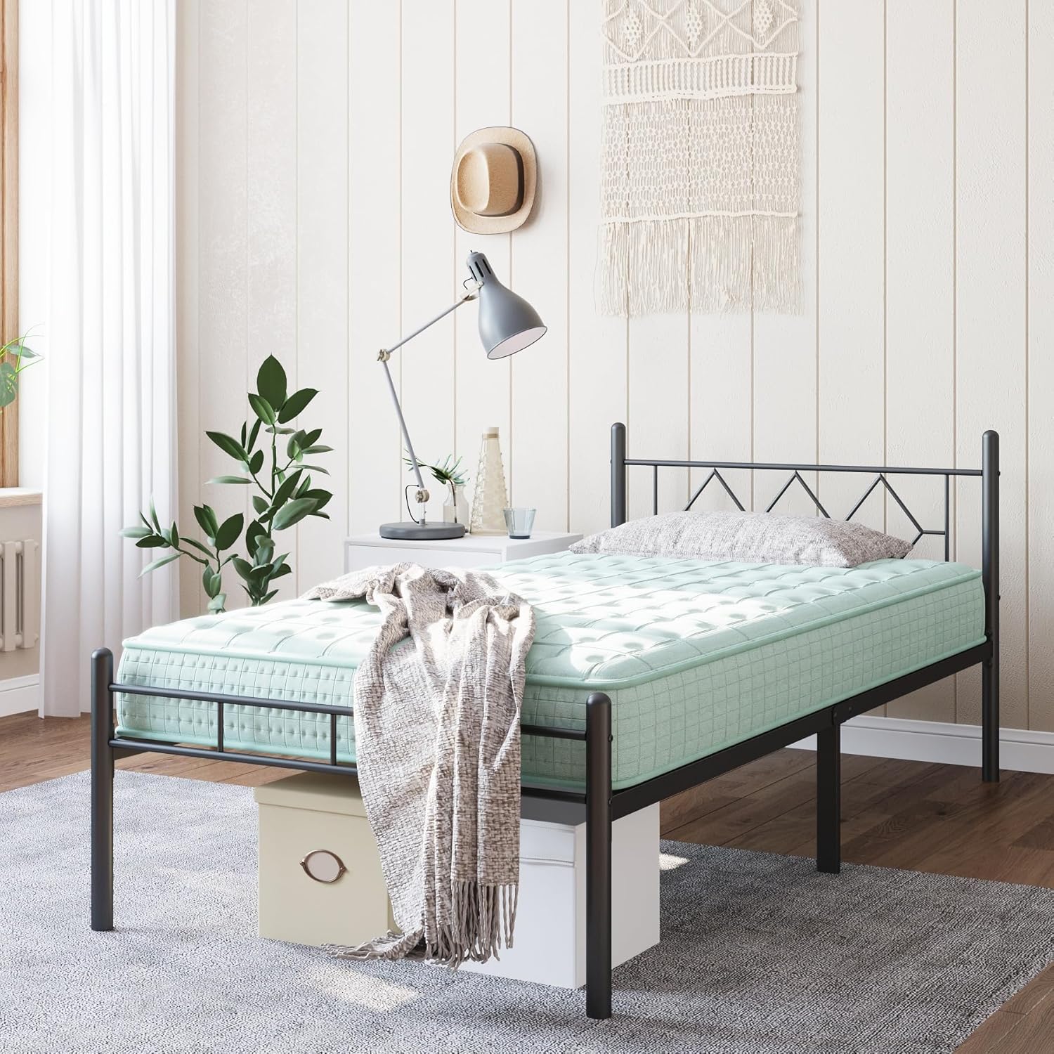 14 Inch Twin XL Size Bed Frame No Box Spring Needed,Metal Platform with Headboard and Footboard,Heavy Duty Slats Support Easy Assemble Noise Free(Black and Rhombus) - Image 5