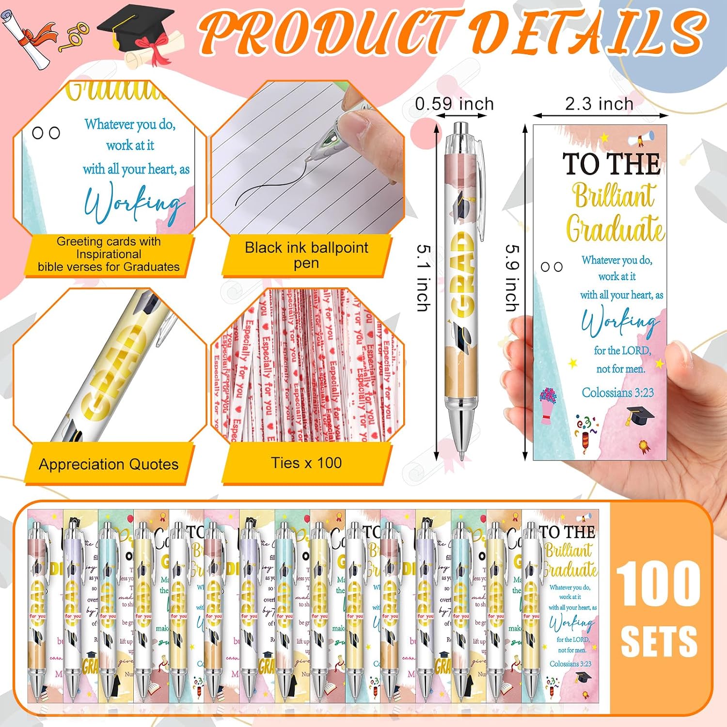 Sayglossy 100 Sets Religious Graduation Gifts Bulk Include Christian Congrats Grad Ballpoint Pens Motivational Bible Verse Bookmark Greeting Card for 2026 Graduation Party Favors Teacher Graduate