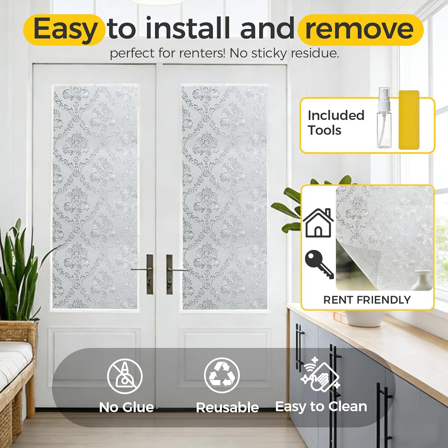 Window Privacy Film Decorative for Front Door, Bathroom Static Cling Stained Glass Sticker Opaque Heat Control UV Blocking Non-Adhesive for Home Windows 35.4 x 78.7 inches Damask