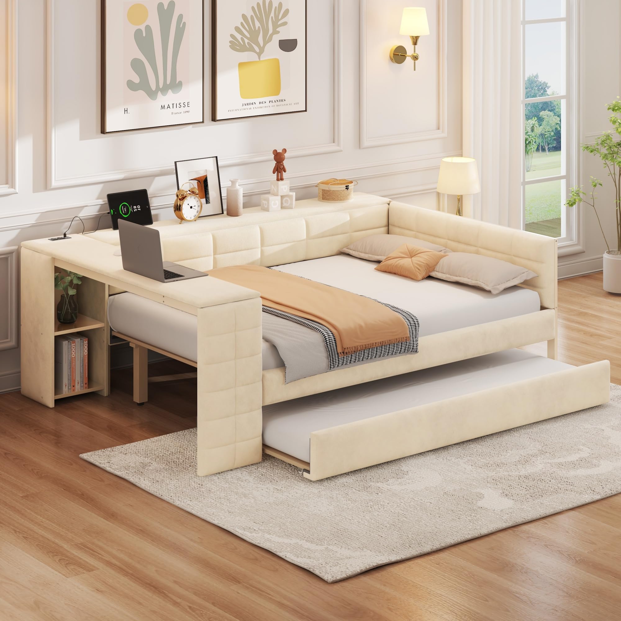 Photo 1 of **MISSING BOX UNKNOWN**Merax Full Size Velvet Fabric Upholstered Platform Bed with Storage Shelves, Built-in Desk, USB Charging Station & Twin Trundle, Space-Saving Bed Frame for Small Rooms, Beige