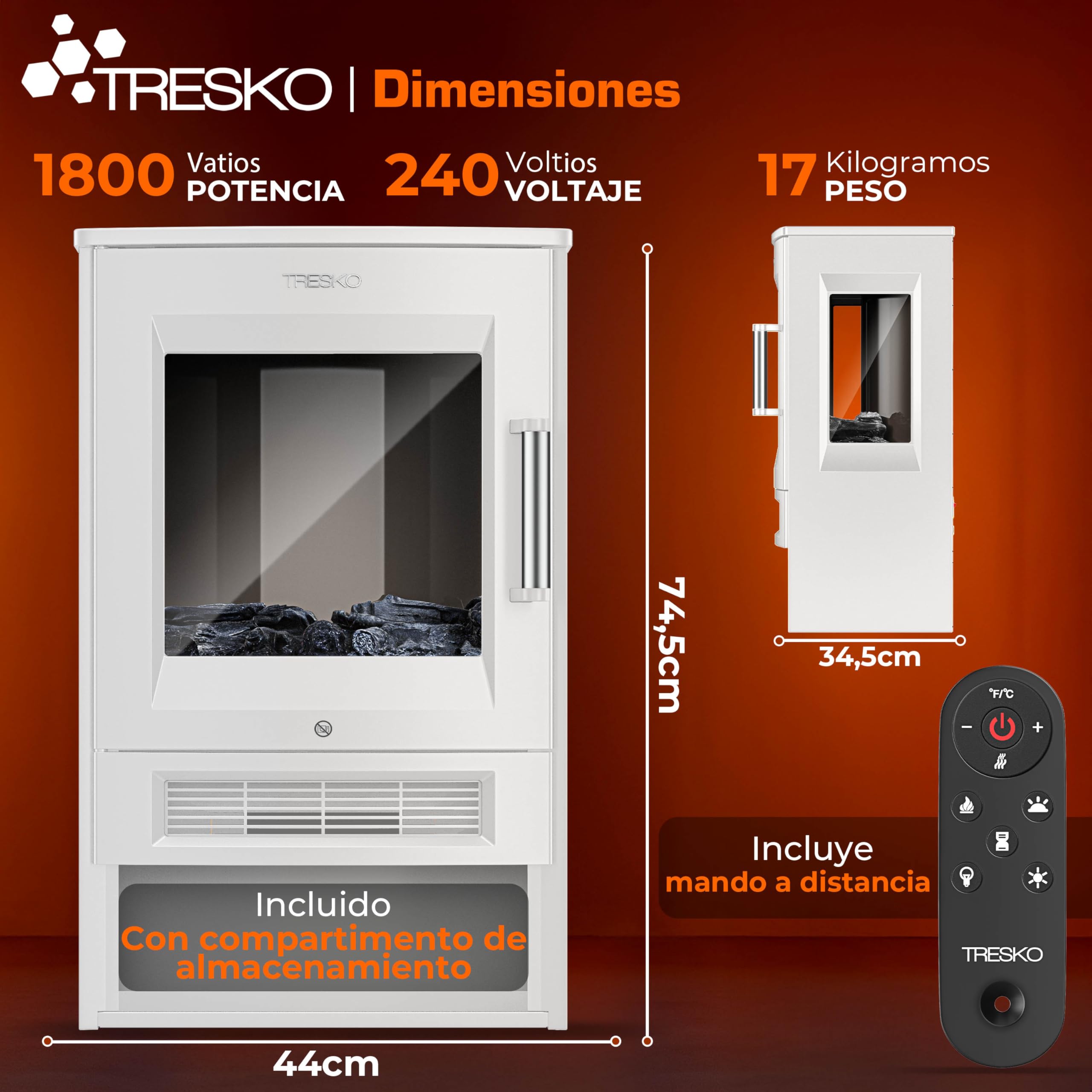 TRESKO Chimenea eléctrica 1800W Smart Home WiFi Mando Estufa Efecto Llama LED Pantalla LCD Termostato Calefacción ventilado Blanco