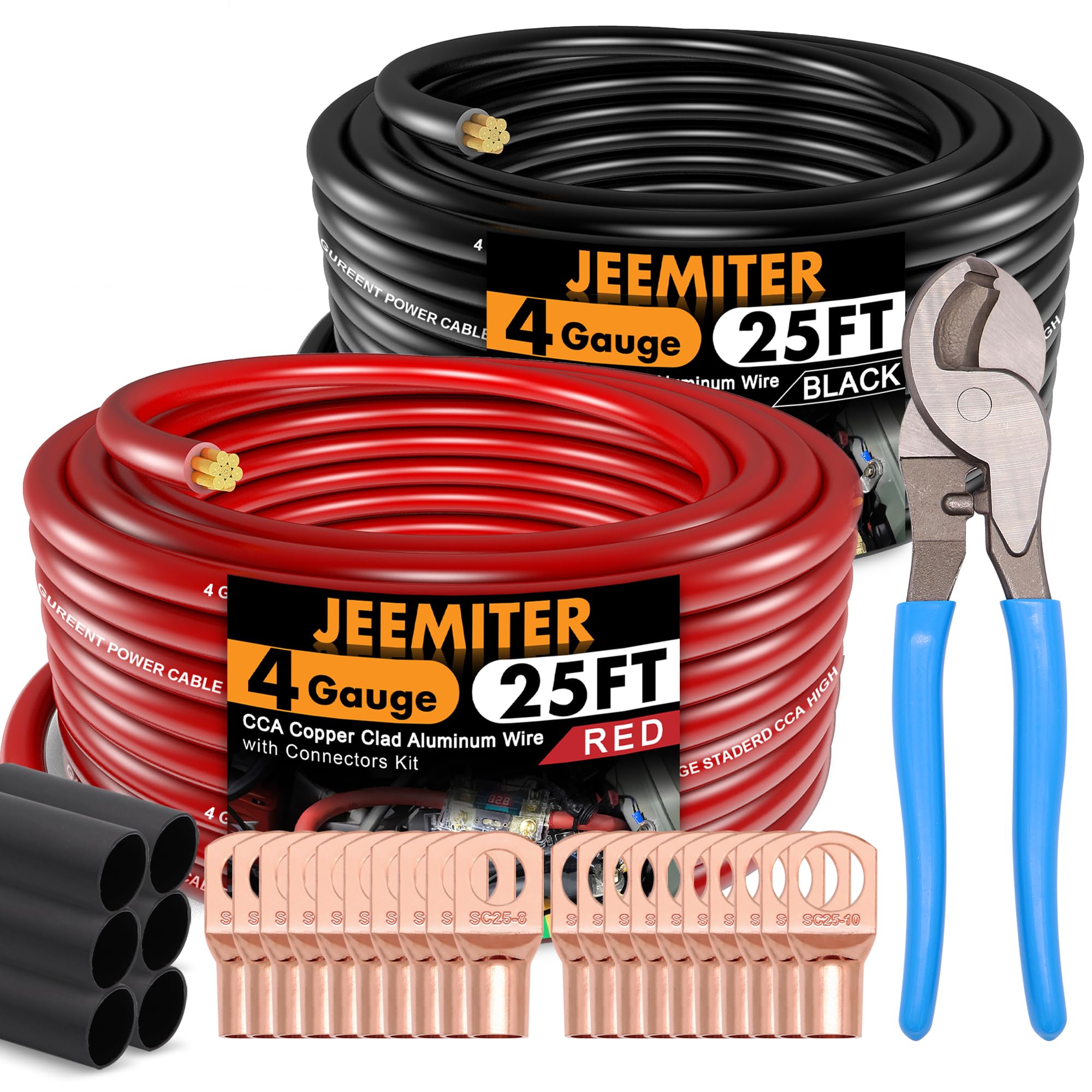 Jeemiter 4 Gauge CCA Wire Kit with Cable Cutter - 50ft Total (25ft Red+Black) | All-in-One Power Ground Install for Car Audio, Solar | Lugs, Heat