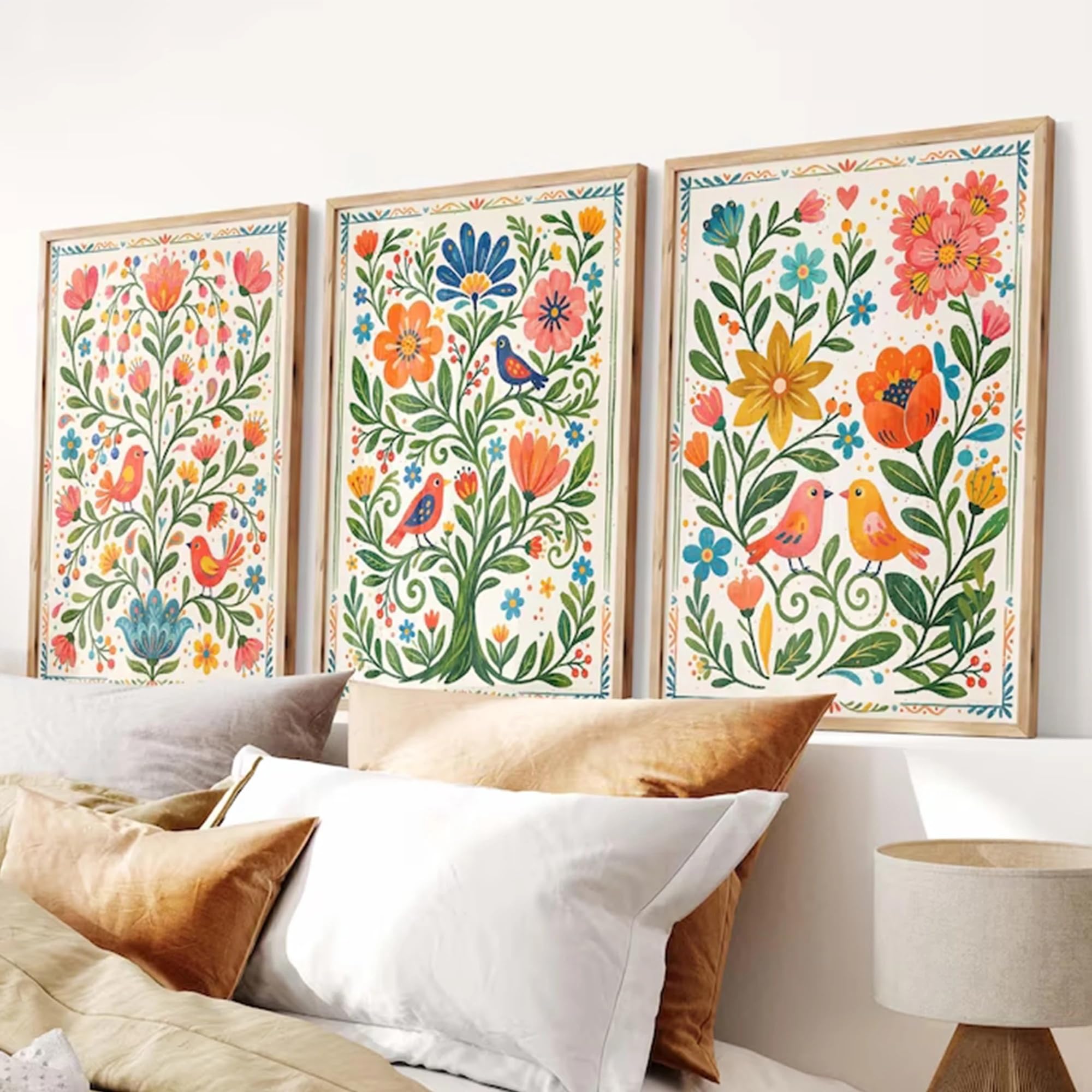 SDVIB Quadro moderno in stile boho con stampa botanica e floreale su tela, ideale per soggiorno, camera da letto e arredamento (50x70 cm/3 pezzi senza cornice).