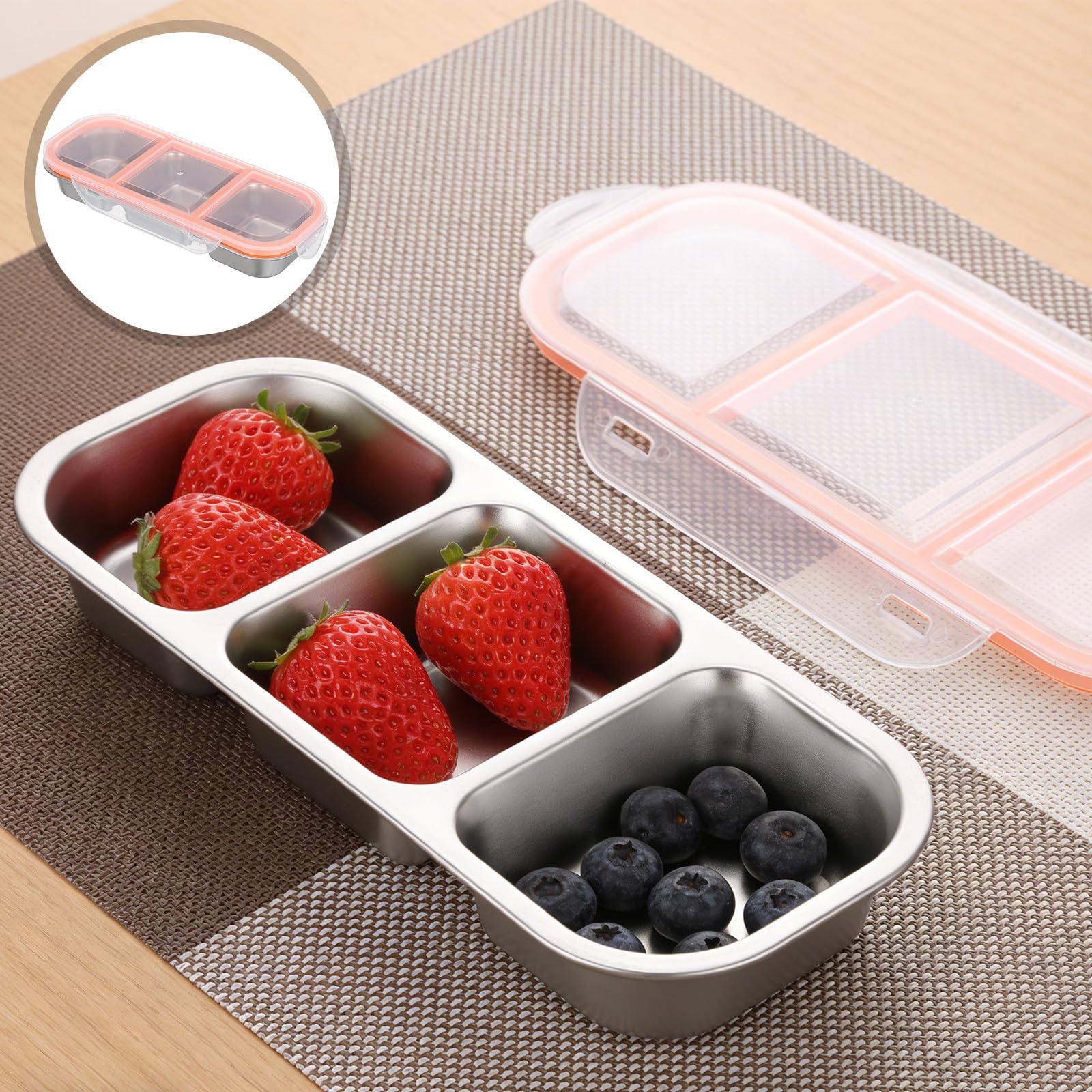 4 Stück-pack Edelstahl Snackbox mit 3 Fächern und 600ml Deckel | Luftdichter Verschluss, Rostbeständig und Leicht zu Reinigen, für Schule, Familie und Portionen