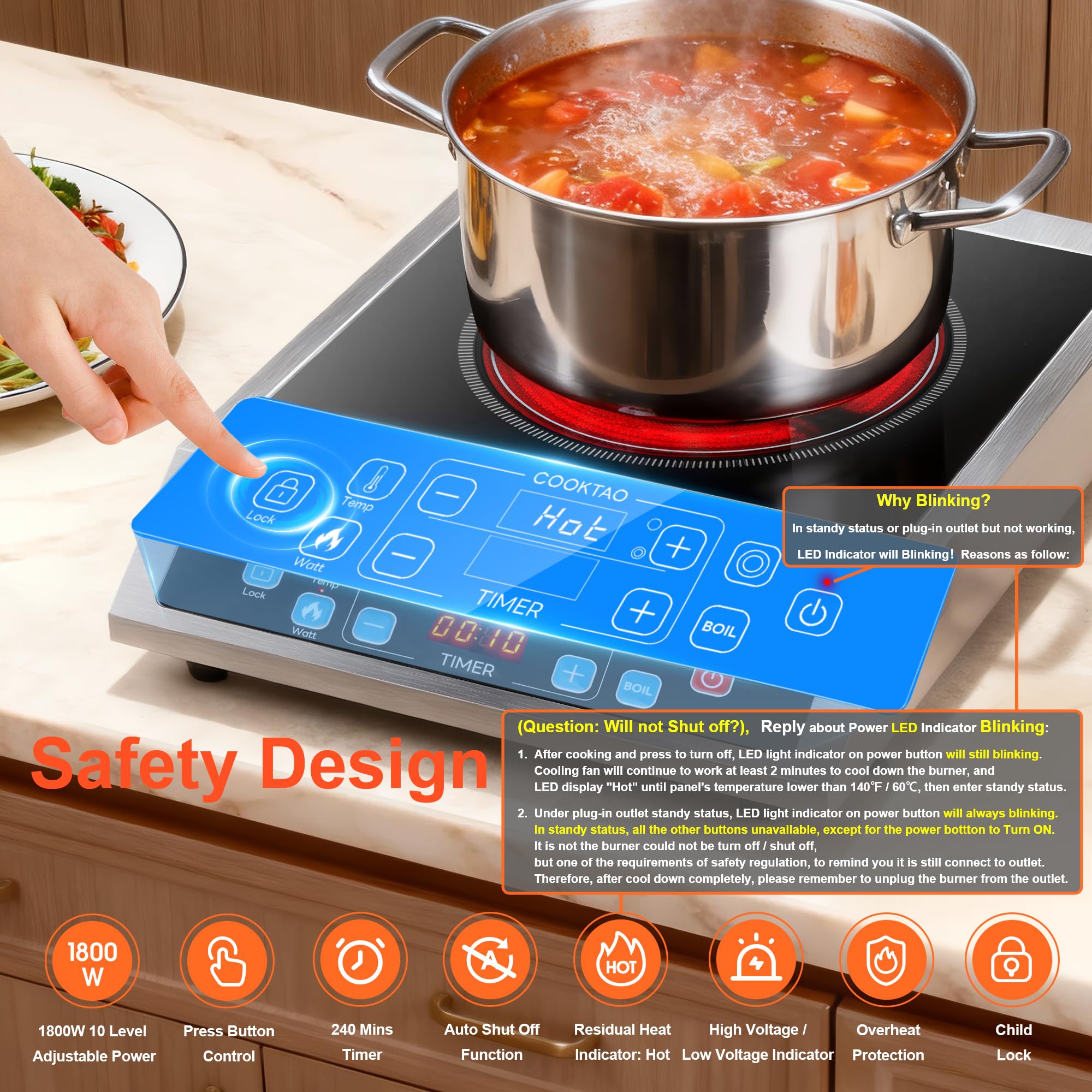 Dual Coils Design of Stainless Steel Single Burner Electric Cooktop, 1800W Commercial Ceramic Infrared Cooking Hot Plate, 12 inch Portable Countertop Radiant Stove Top Cooker with WATT n TEMP Control