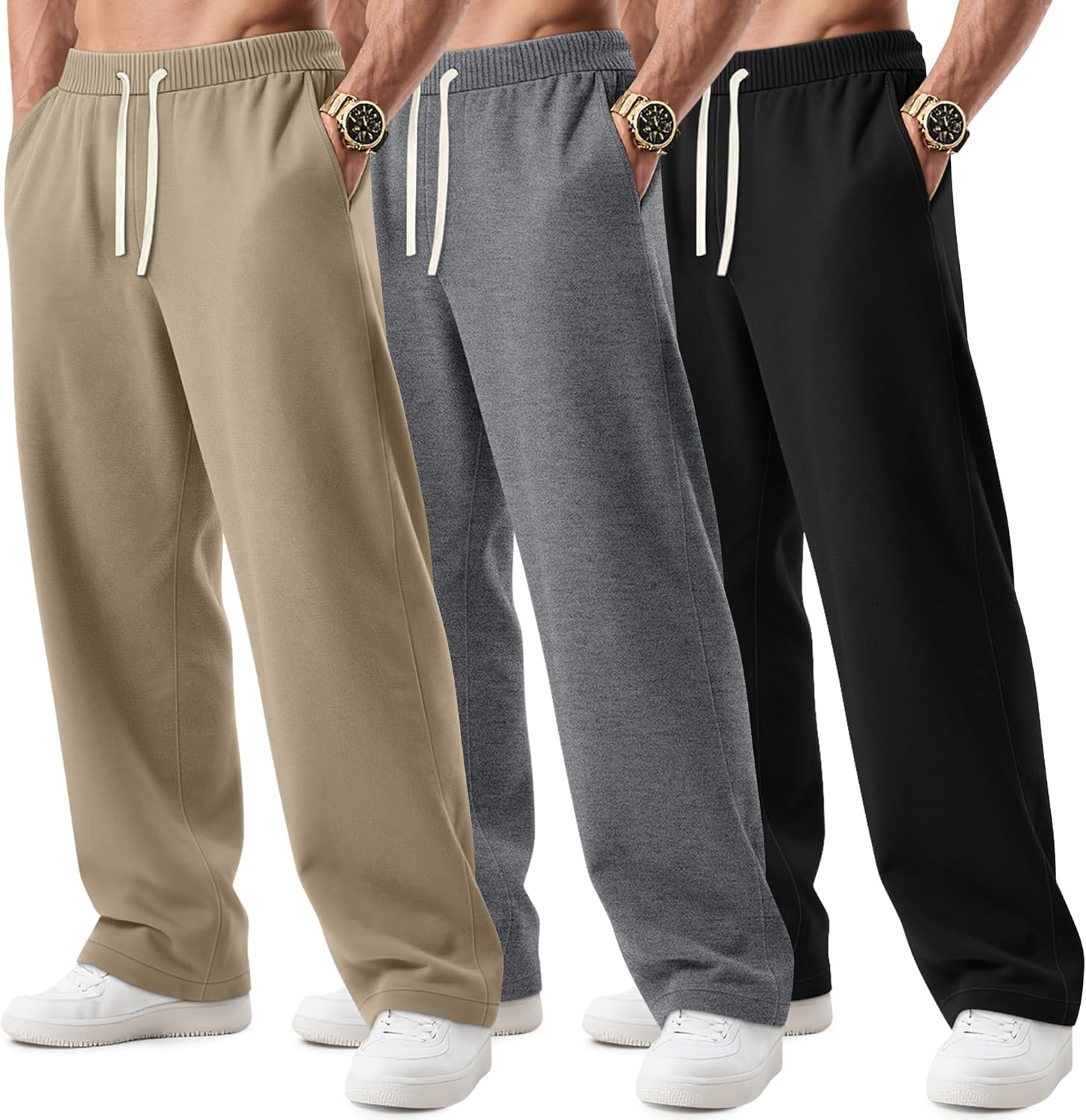 3 Pack Big and Tall Men's Sweatpants Open Bottom Athletic Pants Drawstring Elastic ...