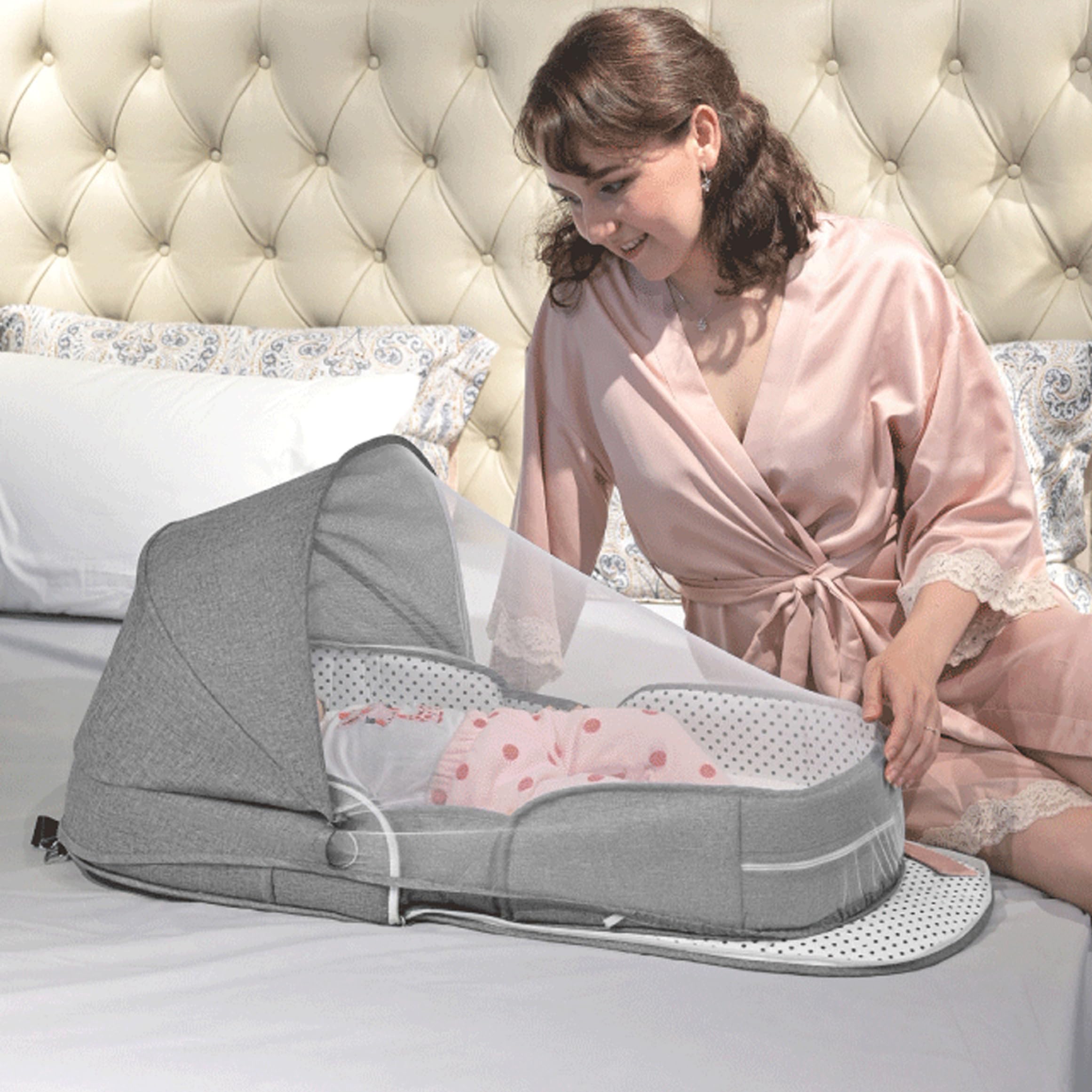 Couffin de Voyage Pliable Portable pour bébé de 0 à 6 Mois avec auvent et Filet, Berceau pour Nouveau-né Essentiel Voyage, lit bébé pour Camping en Voiture, Avion, Gris