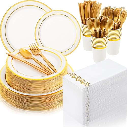 meekoo Juego de vajilla de plástico dorado de 350 piezas, platos de papel desechables para 50 invitados, platos de postre de 9 y 7 pulgadas,
