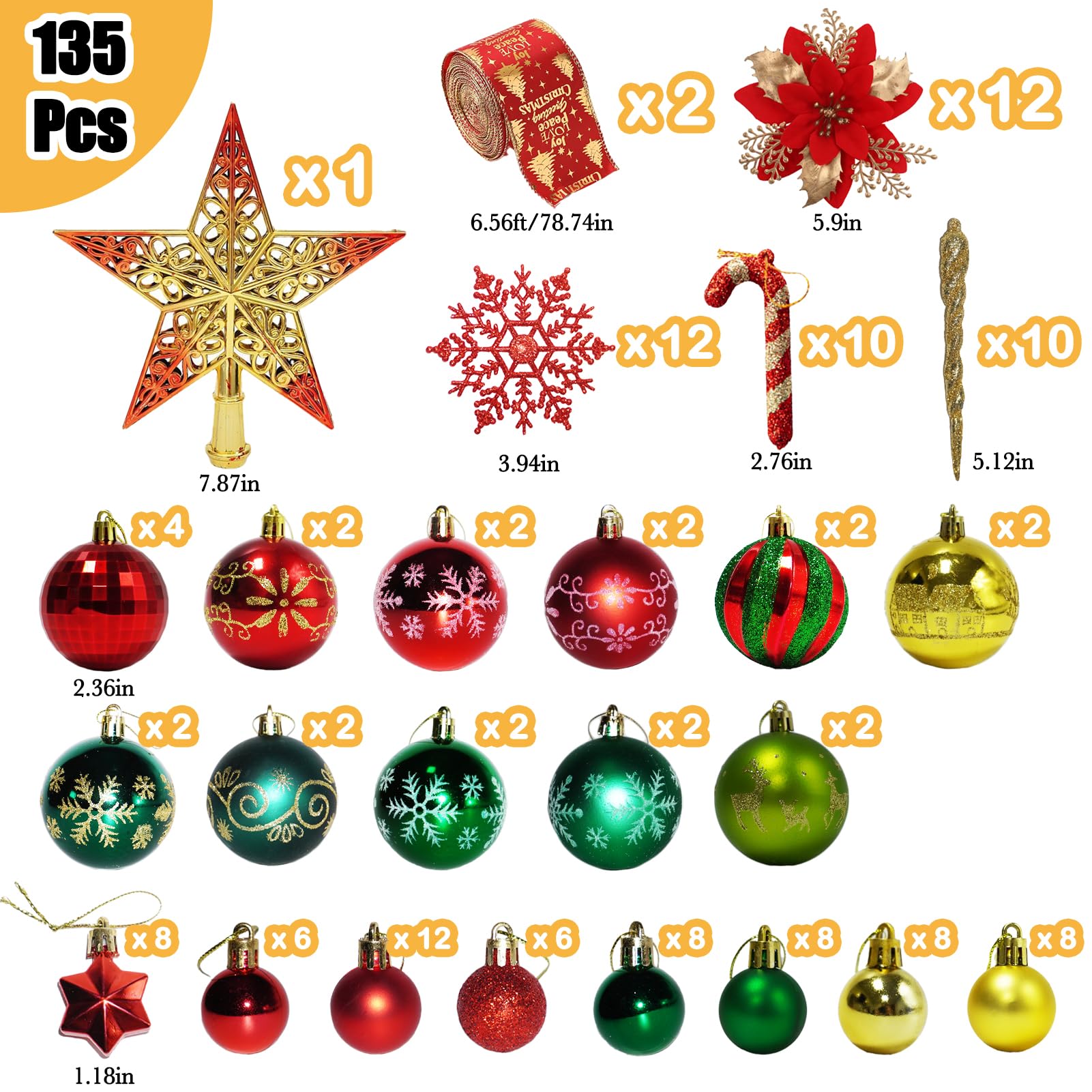 Ornamenti per albero di Natale, 135 pezzi, set di decorazioni per albero di Natale, kit di decorazione per albero di Natale infrangibile, bastoncino di zucchero da appendere, decorazione stravagante,