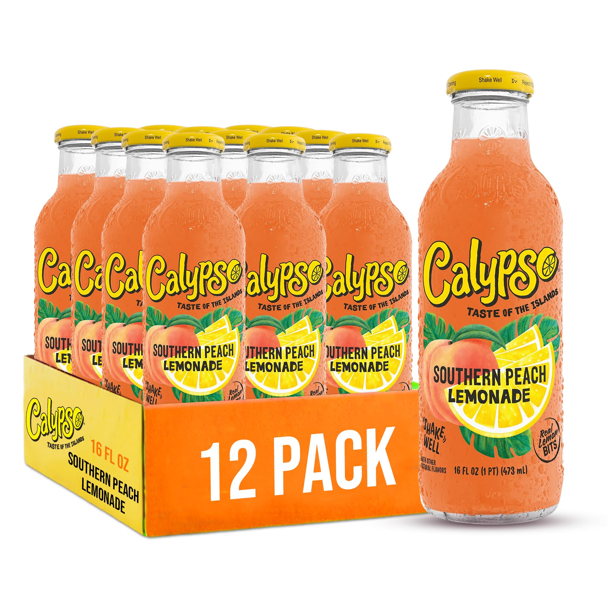 Lemonade, Southern Peach Lemonade, Made with Real Fruit, 16 Fl Oz Glass Bottles (Pack of 12)