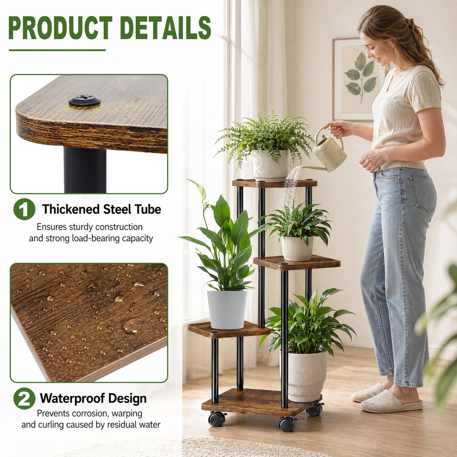 Support Plantes Intérieur À 5 Niveaux à roulettes, Porte Plante Intérieur, Étagère Plante En Métal Brun pour Intérieur Salon Jardin Extérieur, Marron (Sans Plantes)