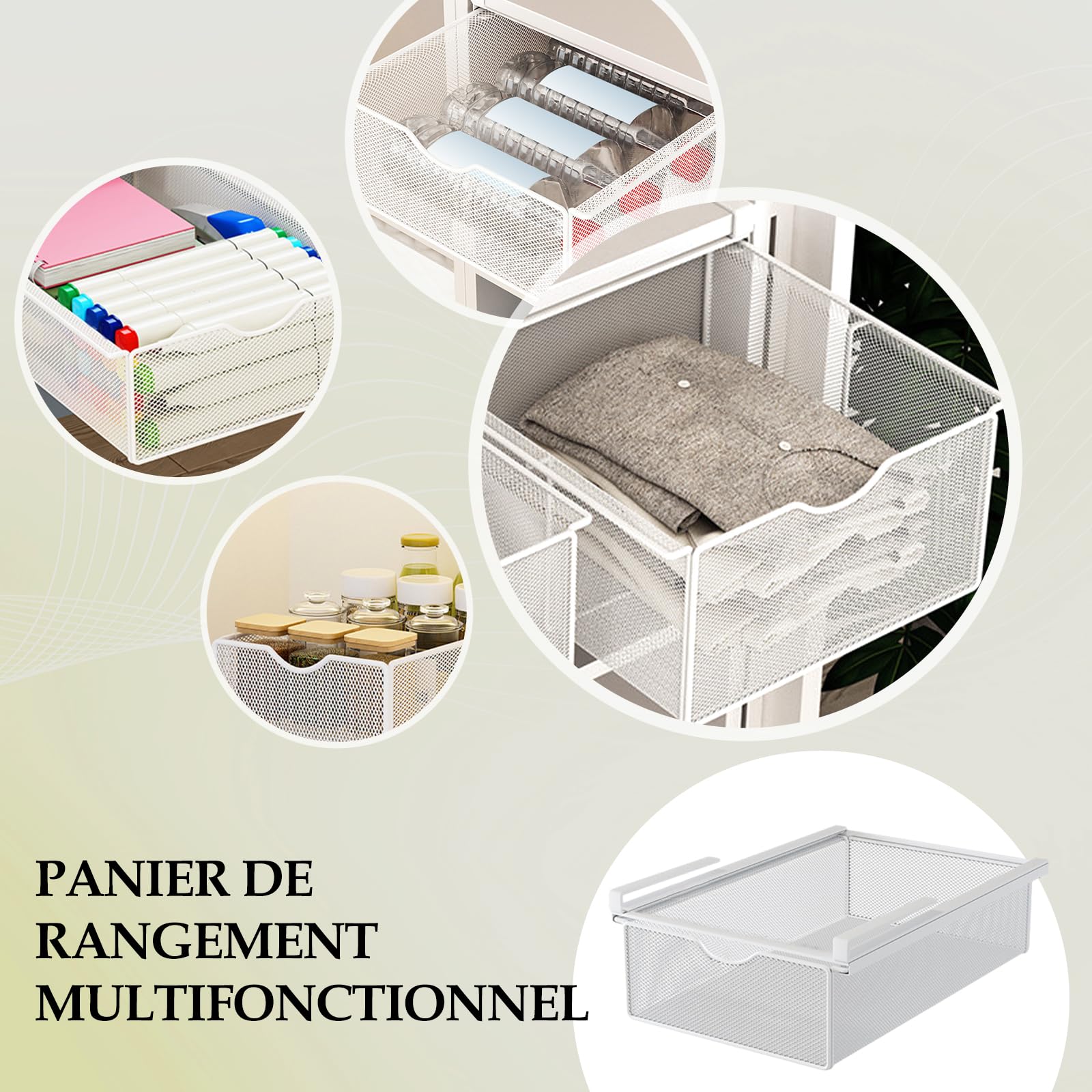 LOVIVER Organiseur de Placard à Suspendre Tiroir Coulissant Suspendu Panier de Rangement en Métal Rangement sous Vêtement Coulissant pour Lit Superposé, Rails de Lit et Armoire, Blanc