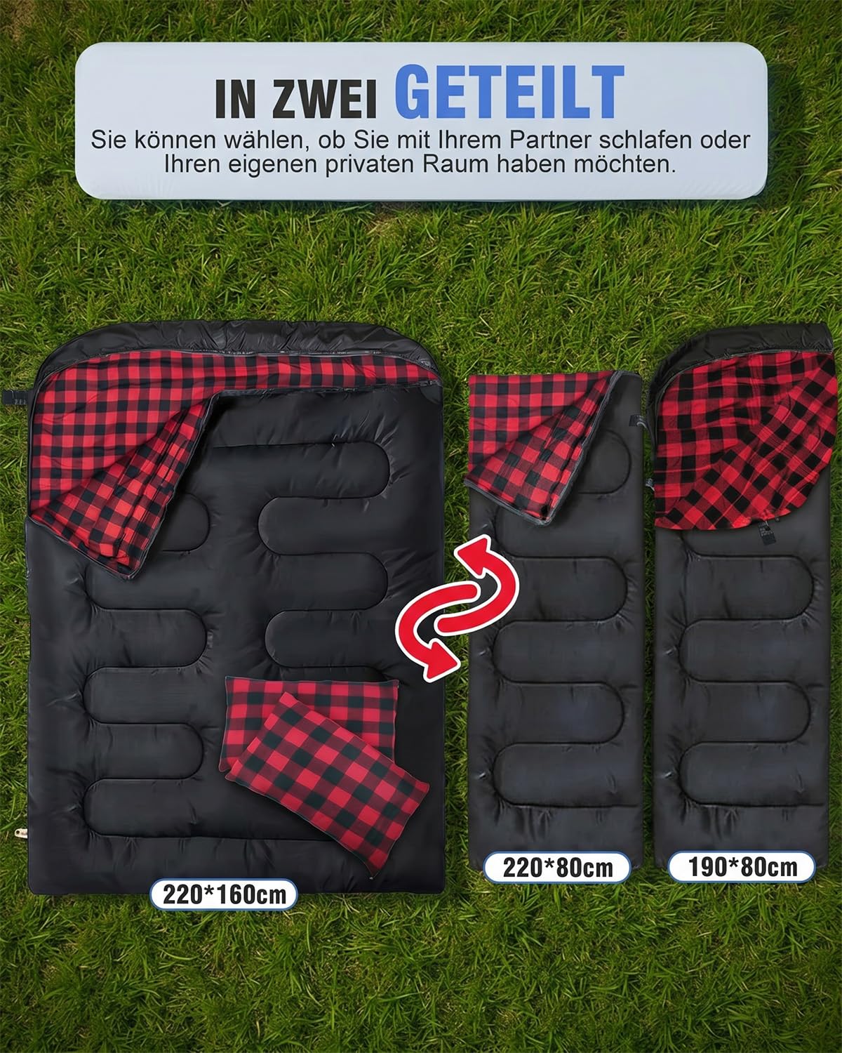 Gigoteuse double en flanelle pour 2 personnes - 220 x 160 cm - Double fermeture éclair améliorée - Avec 2 oreillers et sac de transport - Sac de couchage pour adulte - Pour la famille