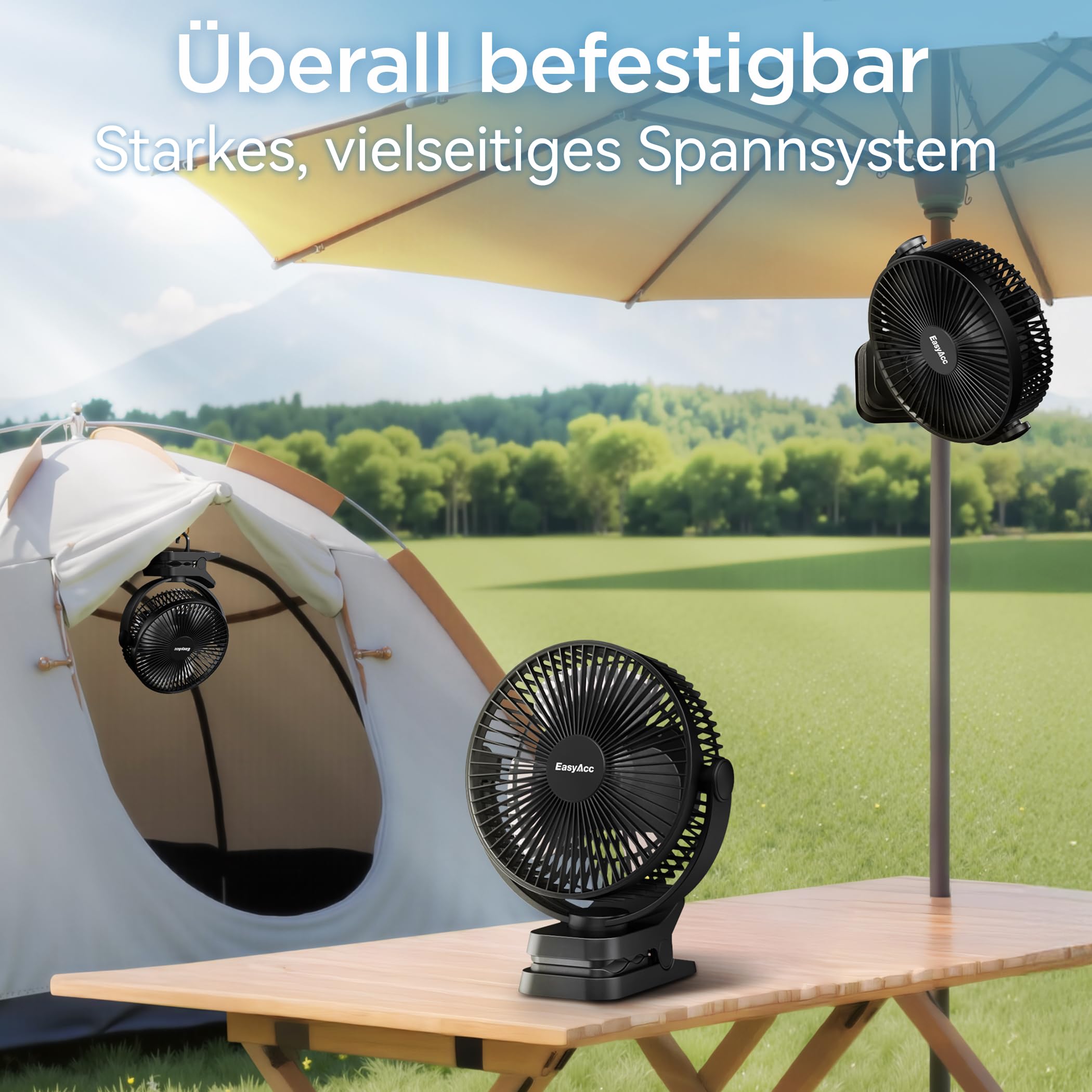 EasyAcc 10000mAh Clip Ventilator mit 37 Stunden Laufzeit - 20cm Camping mit Powerbank, 5 Geschwindigkeiten, LED Anzeige, 360° Haken für Camping, Growbox, Kinderwagen