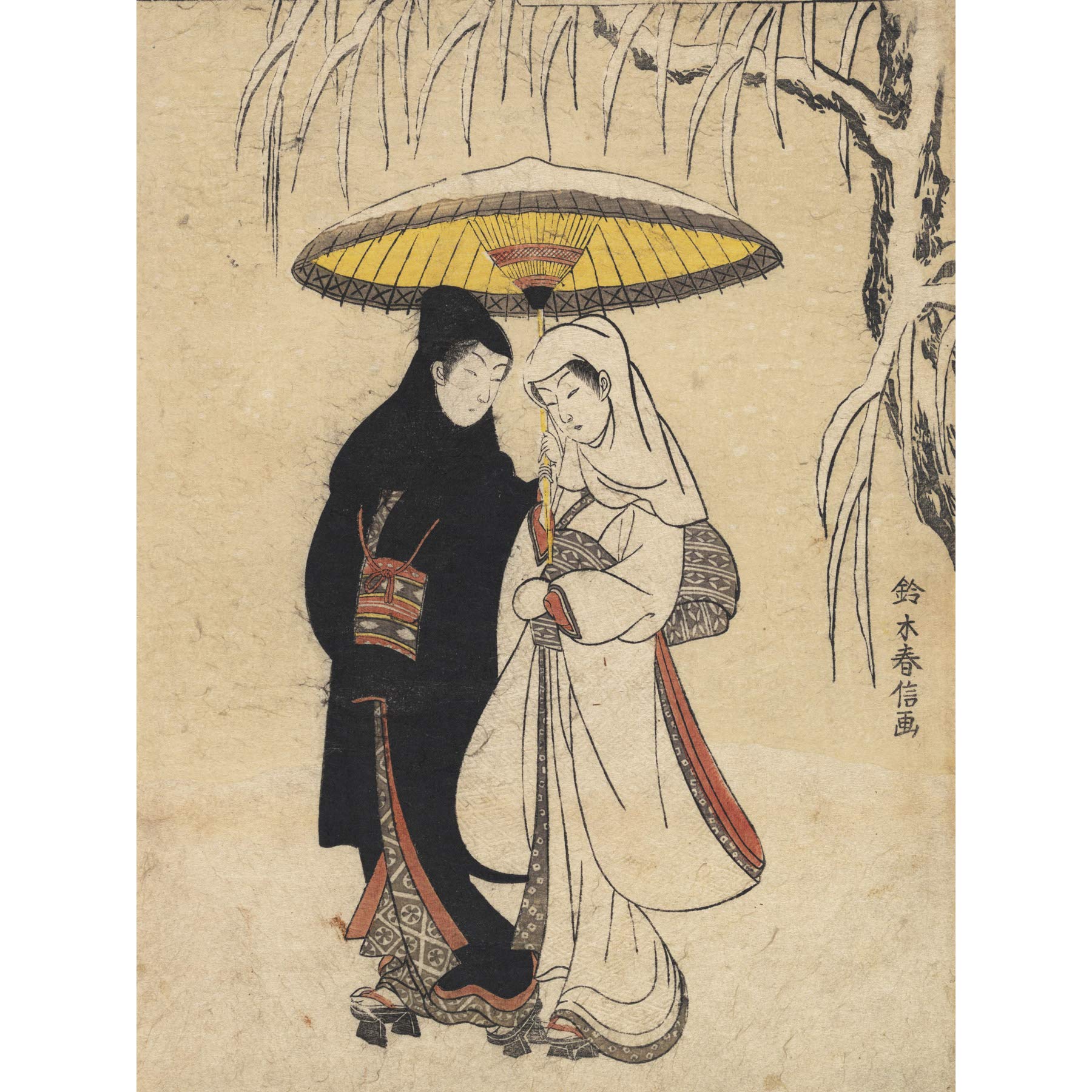 Artery8 Harunobu Lovers Walking Snow Japanese Painting Premium Wall Art Canvas Print 18X24 Inch