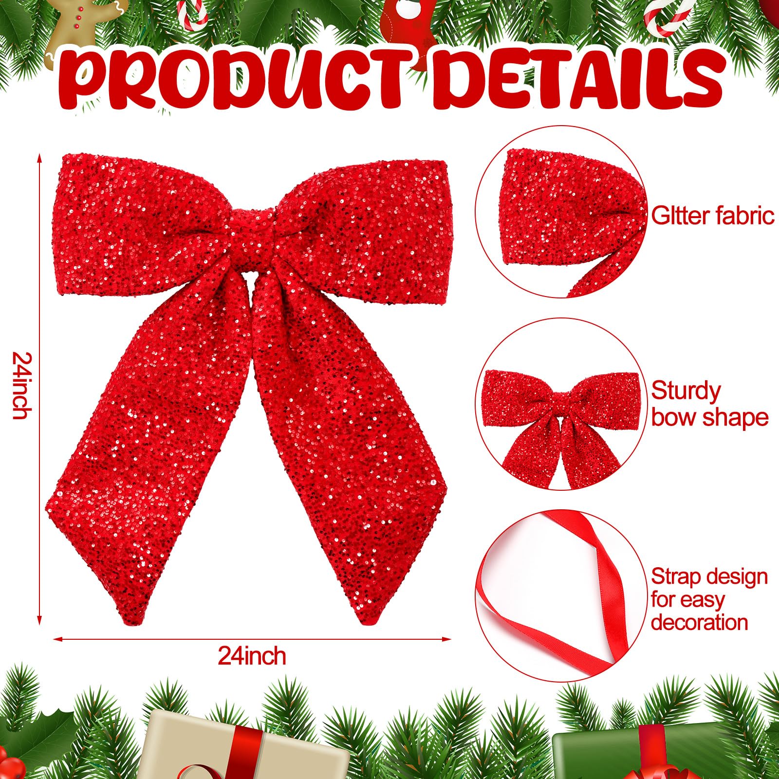 Hungdao 60 cm große glitzernde Stoffschleife mit Pailletten, dekorative Verpackung, Geschenk, Dekoration für Weihnachtsbaum, Kamin, Kranz, Urlaub, Party-Dekoration (rote Farbe)