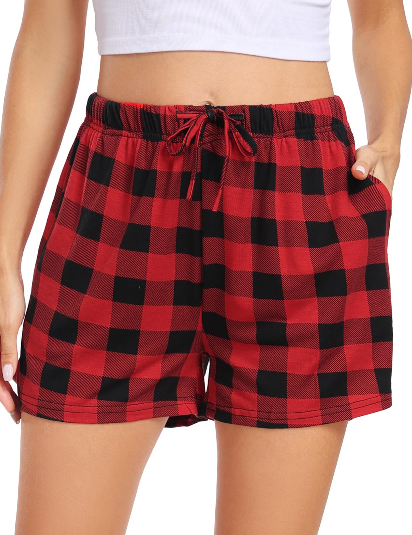 Lovasy Kurze Schlafhose Damen Karierte Schlafshorts mit Taschen und Kordelzug Schlafanzughosen für Damen Sommer Kurzer Pyjamahose