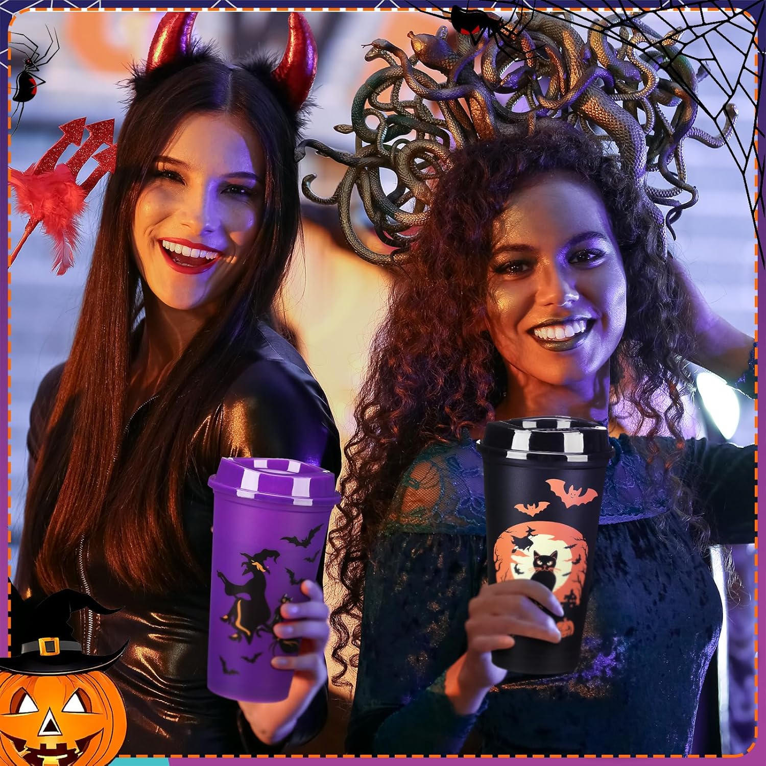 Pickmesh 24 Pack Halloween Reusable Coffee Cup Gift Bulk 16 oz Witch Bat Pumpkin Black Cat Horror Pattern Tumblers with Lid Plastic Cups Travel Coffee Mug Thank You Gifts for Hot and Cold Drinks - Image 4