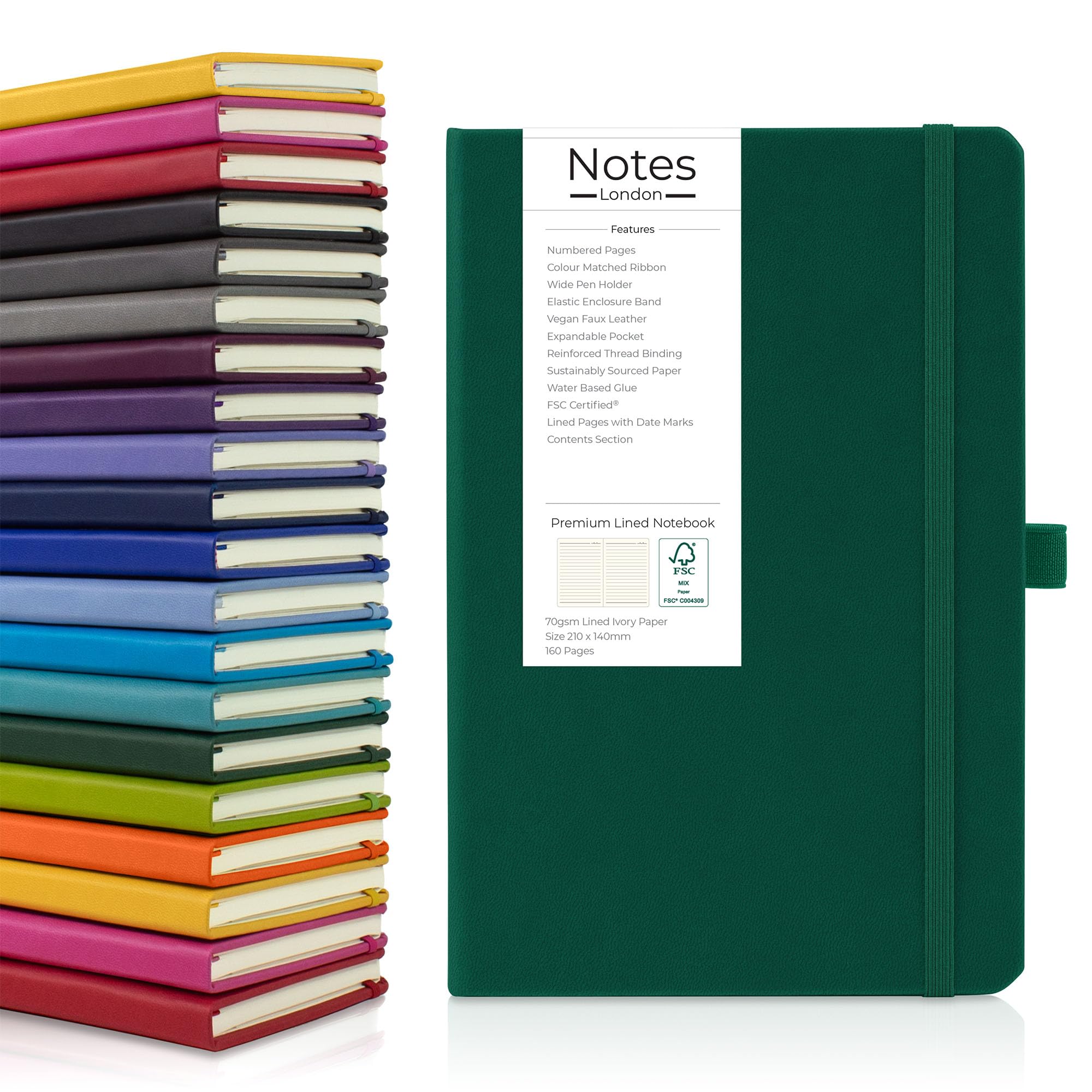 Notes London Eco A5 Notebook with Lined Pages, Contents Page, Pen Loop, Ribbon, Numbered Pages, Date Marks & Paper Pocket, Medium Hardback Journal, sustainably sourced paper (Green)