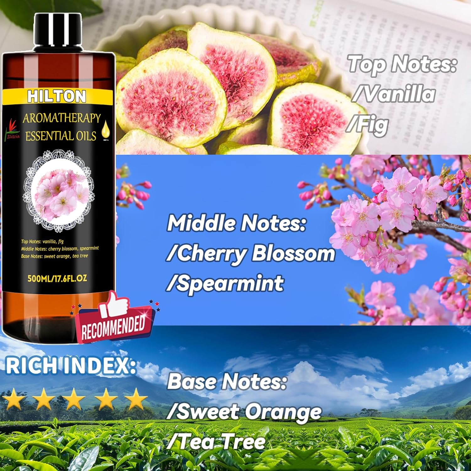 Elitzia Essential Oil Blend Comforting & Sweet Aromatherapy Oil for Ultrasonic Diffusers Waterless Oil Diffuser Natural Plant Extracts Scent for Home, Spa (17.6 fl.oz) Hilton ET500EO5
