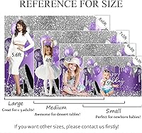 Vista 3 de Mocsicka Telón de fondo de cumpleaños morado y plateado, decoración de fiesta de cumpleaños, globos con purpurina, tacones altos, telón de fondo