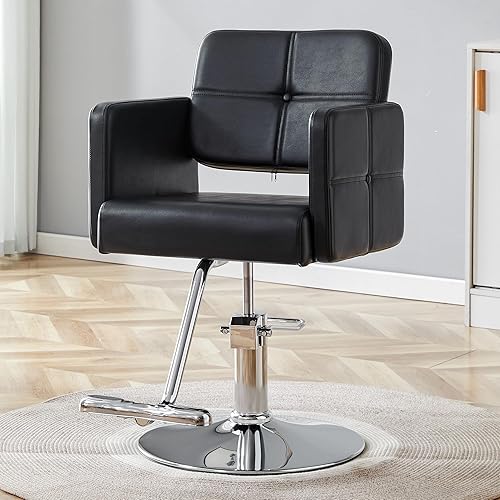 AZmac Barber Chair, Salon Chair for Hair Stylist with 360 Swivel, Modern Black PU Leather Hair Cutting Chair with Silver Height Adjustable Leg for