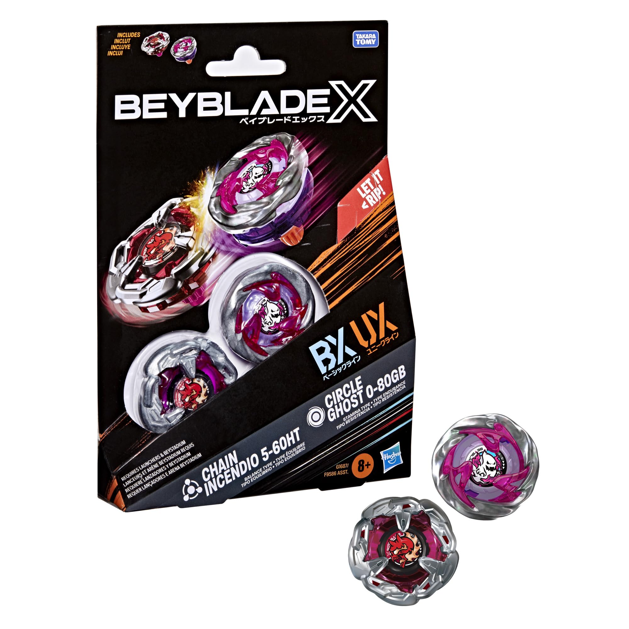 Hasbro Beyblade X, Circle Ghost 0-80GB e Chain Incendio 5-60HT, Set Dual Pack