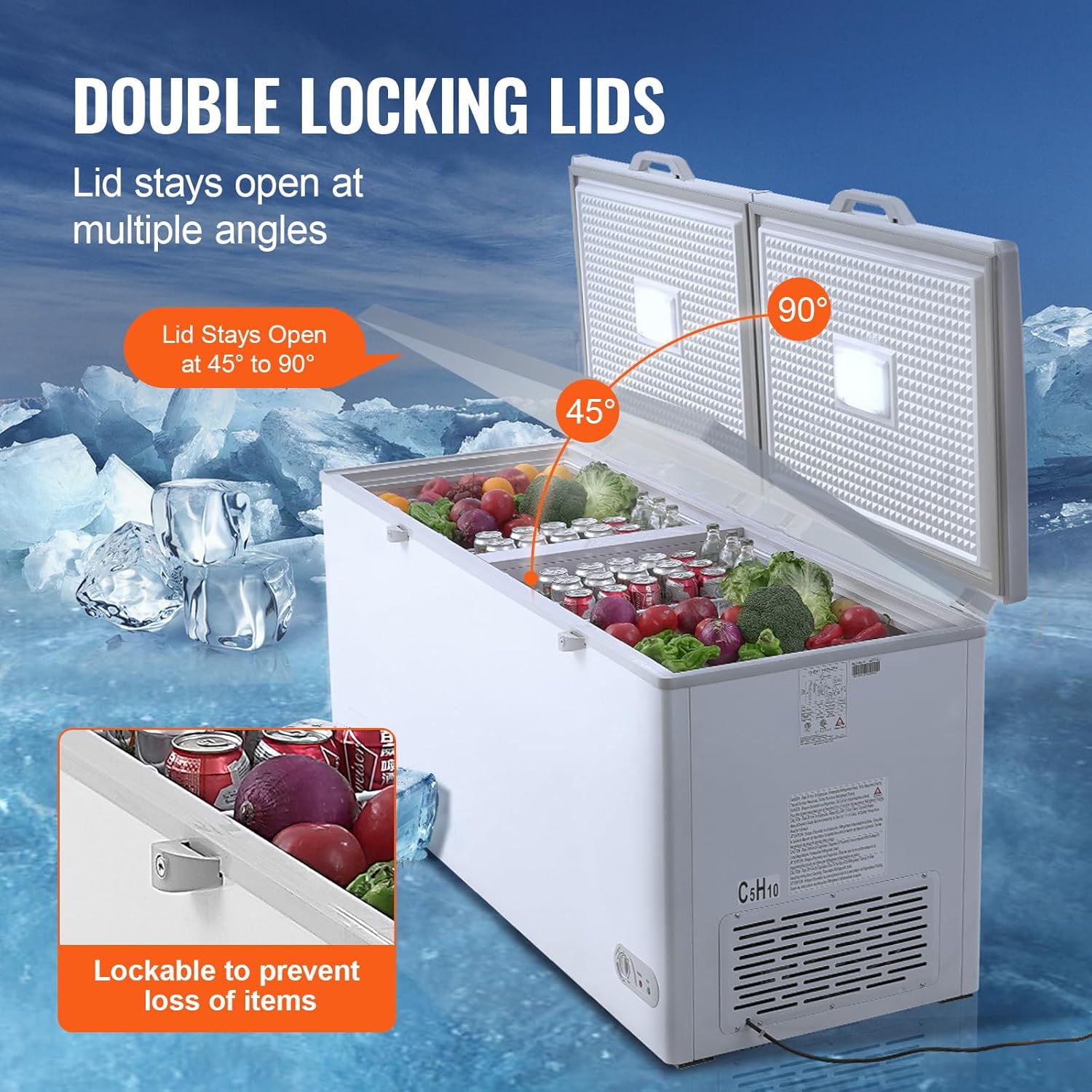 Happybuy Chest Freezer, 19.8 Cu.ft / 561 L Large Deep Freezer; Split Top Double Locking Lids; Freestanding, 4 Baskets, 7-Level Temp, LED Light, 6 Wheels