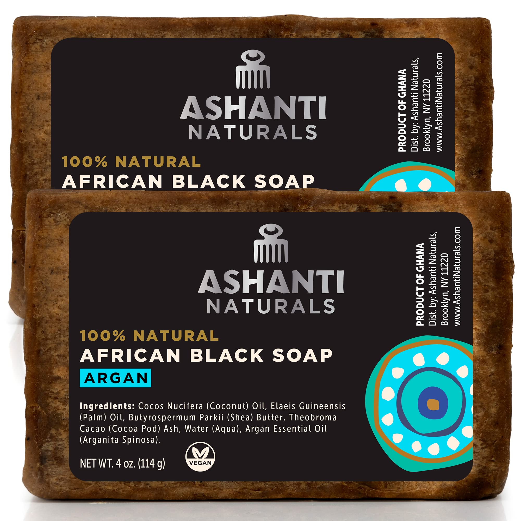 Ashanti Naturals African Black Soap Bar | Scented Natural Black Soap with Raw Shea Butter and Coconut Oil - 2pk 4oz Bars (Argan)