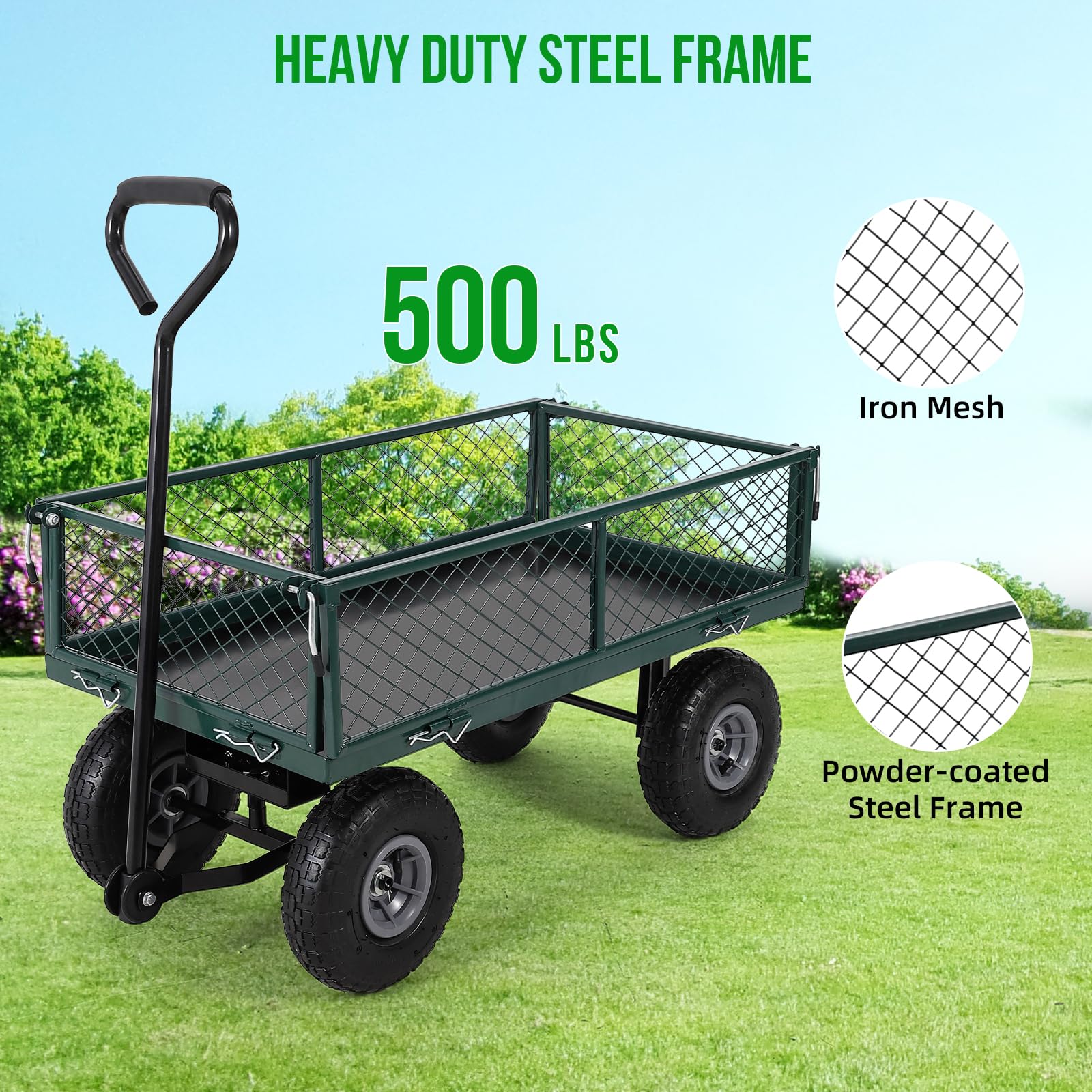 Garvee Chariot de Jardin Robuste 440 lbs – Acier – Côtés grillagés Amovibles – Roues 25 cm – Poignée rotative 180° – Idéal Jardin, pelouse, Ferme, Plage – Vert, capacité 440 lbs