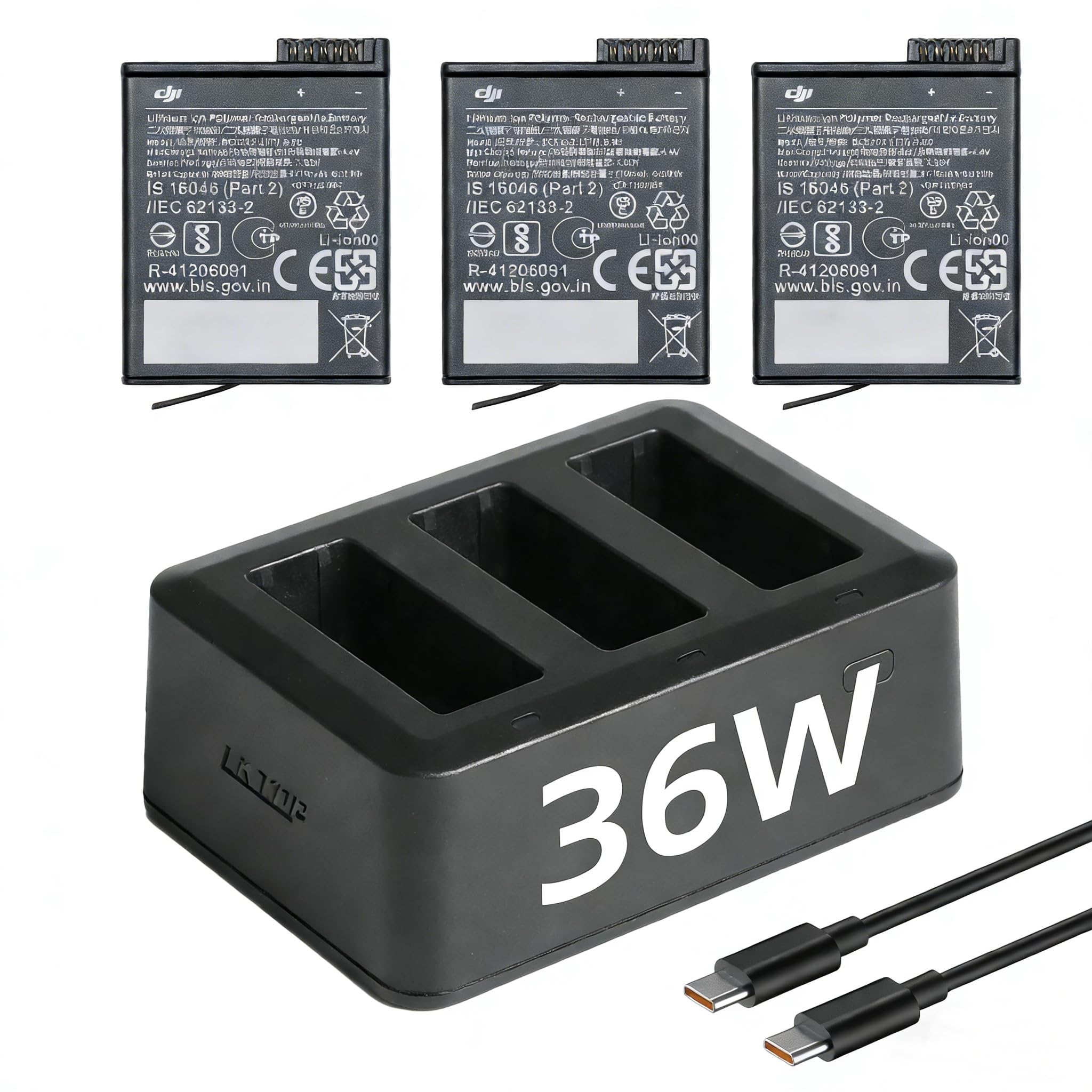LKTOP Osmo Action Extreme Battery Charging Hub Bundle for DJI, 3 Pack Original Battery (1770 mAh)+36W Parallel Fast Charger, Compatible with DJI Osmo Action 6/5 Pro/4/3/360, Charge 3 Batteries: 70min