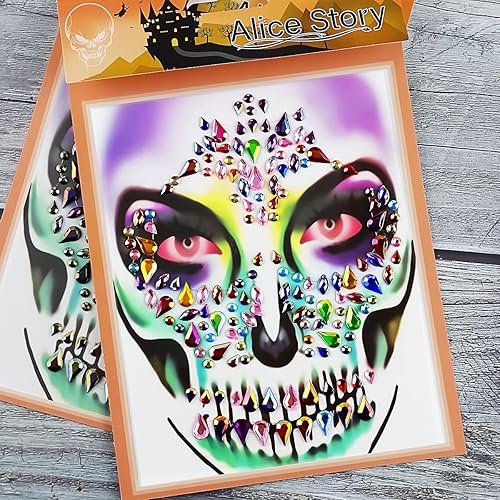 Miniatura 10 de Diamantes de imitación de cara del Día de los Muertos para maquillaje en calavera de Halloween, tatuajes de joyas de la cara, calcomanías de tatuaje