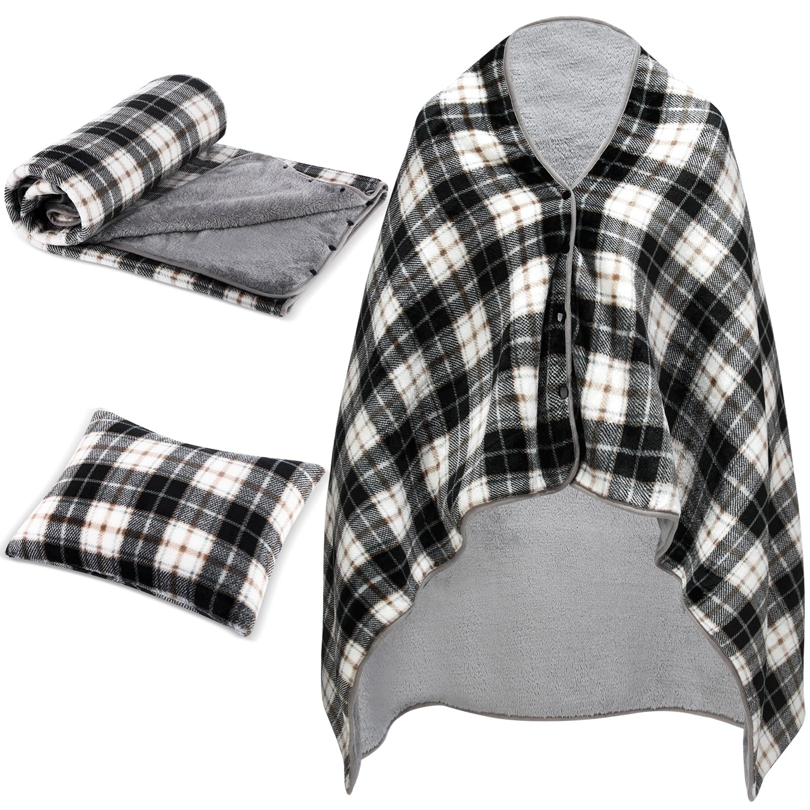 Wearable Blanket Shawl Blanket Pillow 2 in 1 with Sleeves and Buttons Plaid Lap Blanket for Office Bed Sofa Home Travel Warm Present Mothers Day Gifts