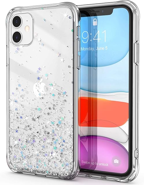 ULAK Glitter Case Compatible with iPhone 11, Clear Glitter Stars Case Sparkly Soft TPU + Hard PC Bumper Cover Bling for Women Girls Protective Phone Case for iPhone 11 6.1 inches - Glitter