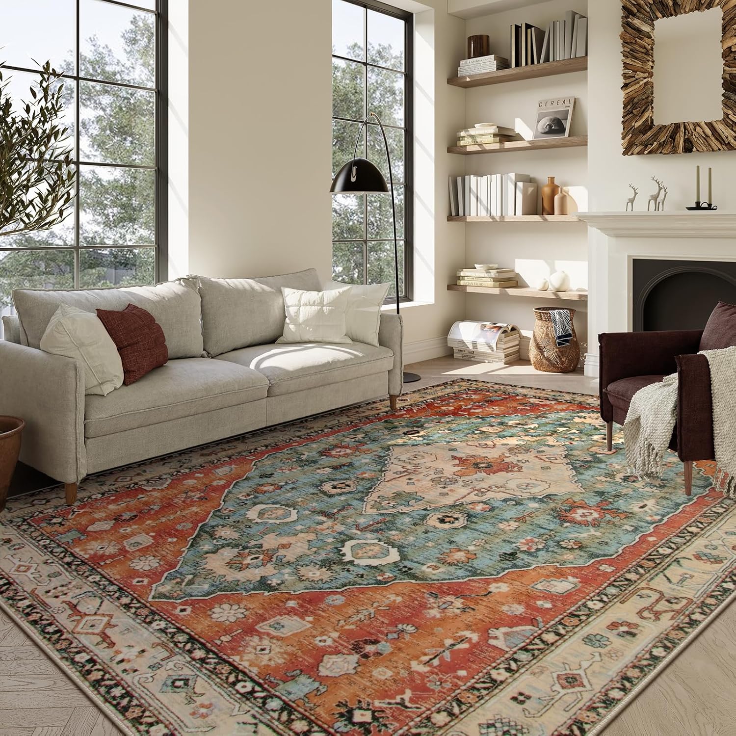 Lahome Boho Tribal Washable Area Rugs 9x12 Living Room, Soft Bedroom Rug Non Slip Dining Room Rugs for Under Table, Large Oriental Vintage Throw Carpet for Famliy Room (Rust/Dull Teal,9x12ft) 9' x 12' (Rectangular) Geometric Tribal