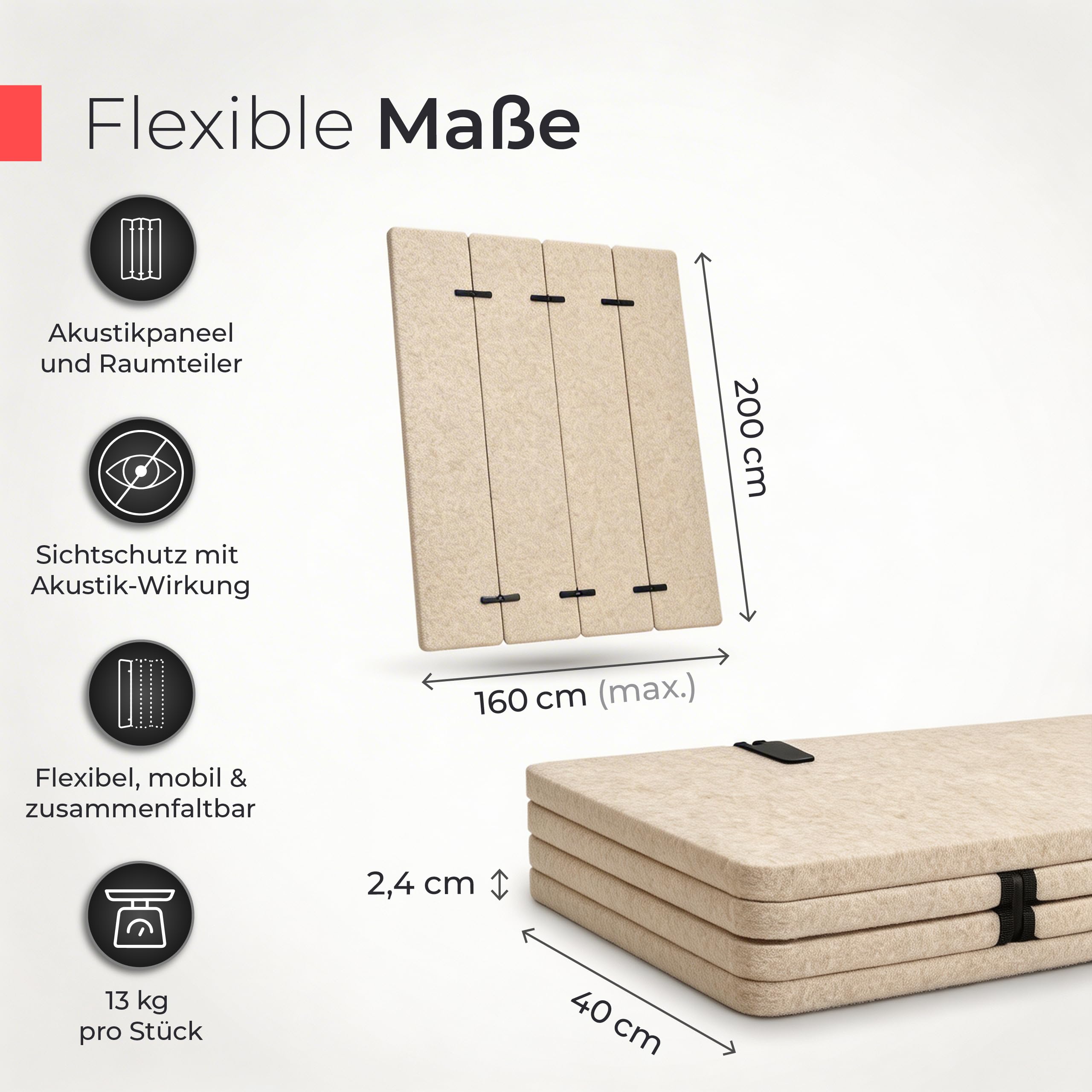 Paravent Acoustique Pliable – 2 m de Hauteur x 1,60 m de Longueur | Feutre Acoustique Beige 200x160cm – paravent à 4 Panneaux Pliable pour Isolation phonique et séparation visuelle