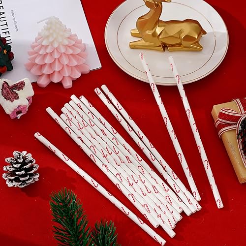 Miniatura 3 de AnyDesign - 100 popotes de Navidad de bastón de caramelo, pajitas de papel desechables de invierno rojo y blanco para Navidad, para decoraciones de