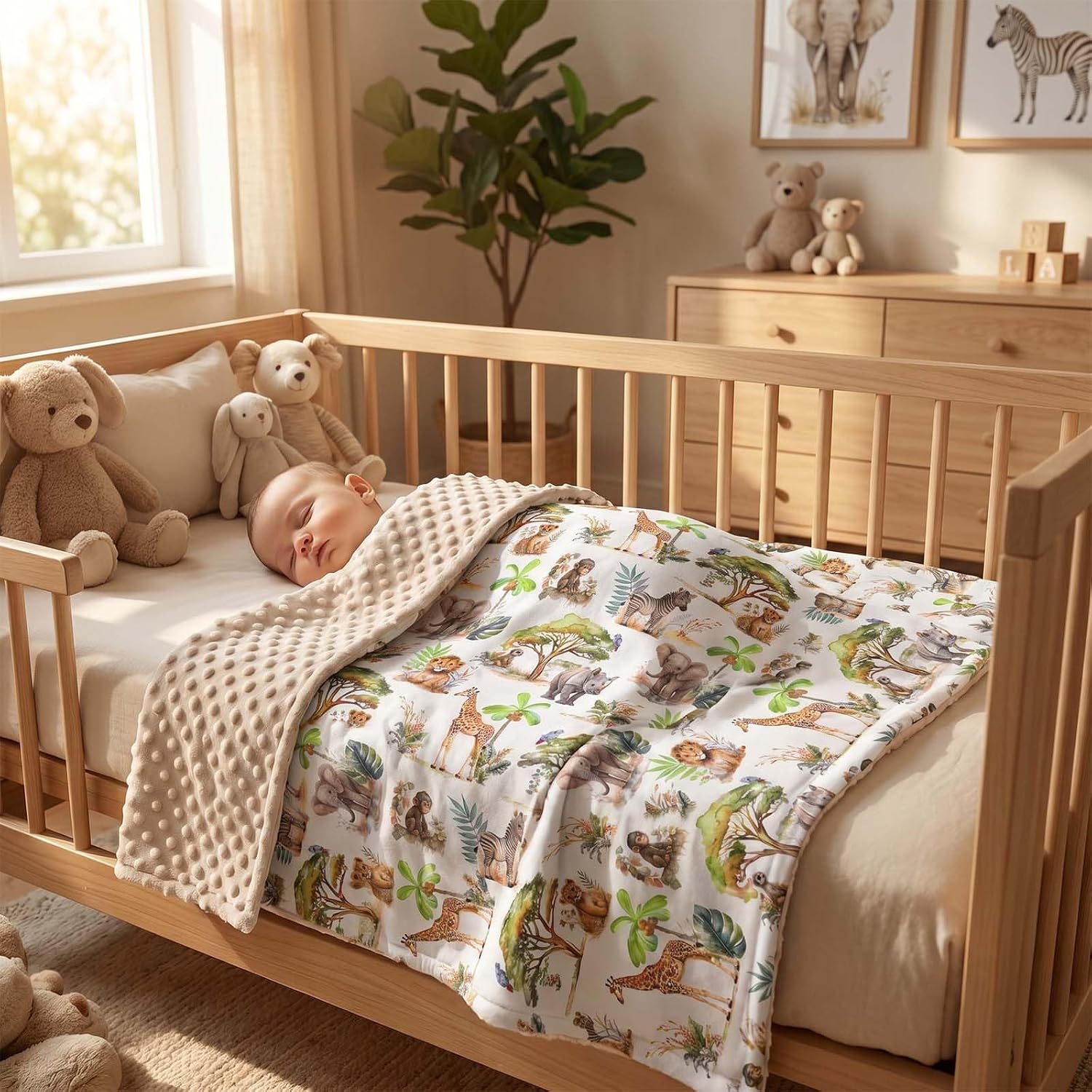 Safari Baby Minky Blanket for Boys, 30x40 Inch Africa Jungle Animals Themed Toddler Soft Minky Blanket with Double Layer Dotted Backing, Nursery Bedding Swaddle for Newborns, Receiving Blanket
