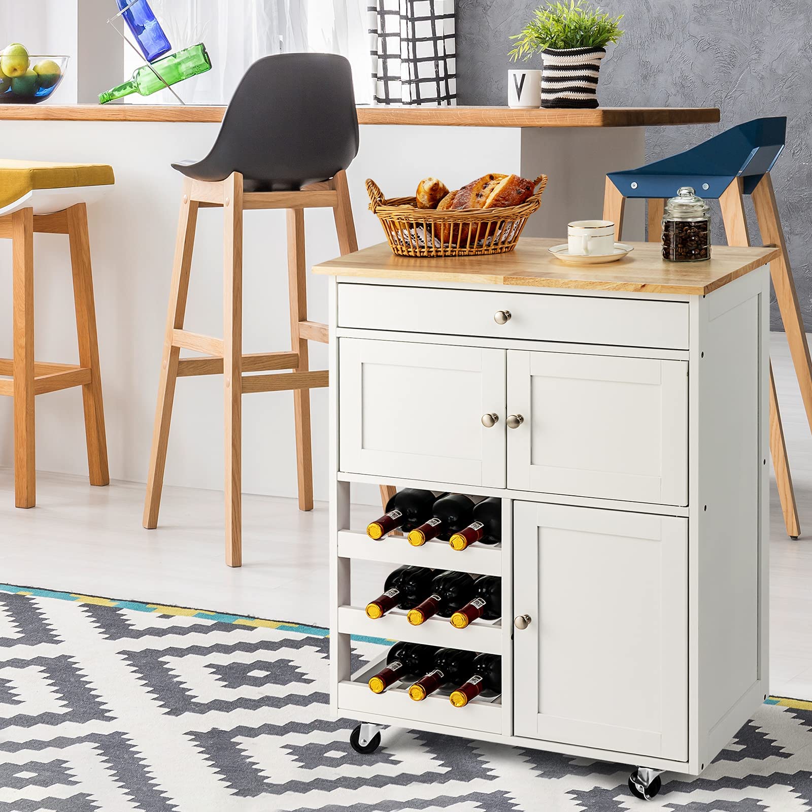 COSTWAY Carrello da Cucina, con Portabottiglie Tre Ante e Ruote, Credenza Cucina in Legno di Pino e MDF, Ideale per Soggiorno, 67 x 37 x 86 cm (Bianco)